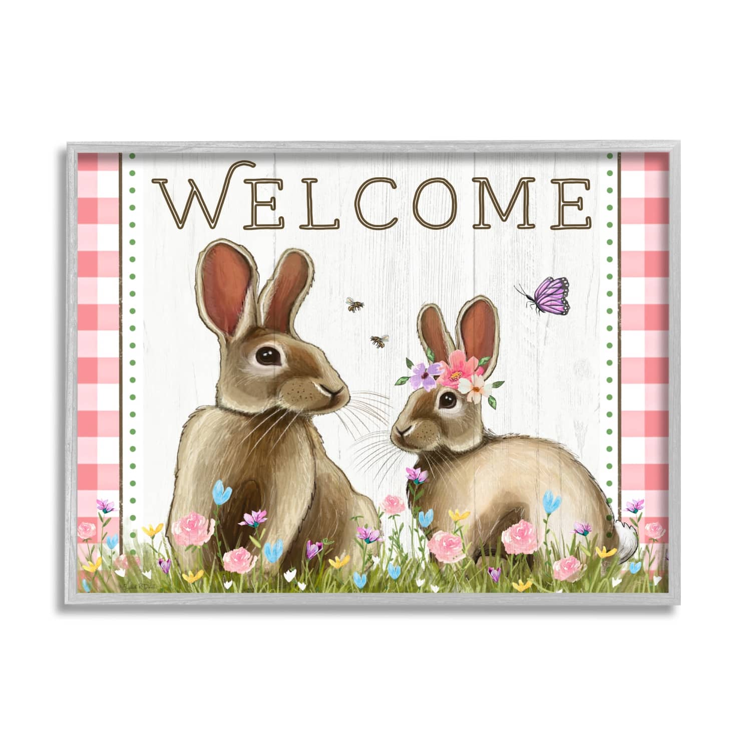 Stupell Industries Welcome Plaid Spring Garden Rabbits Framed Giclee Art