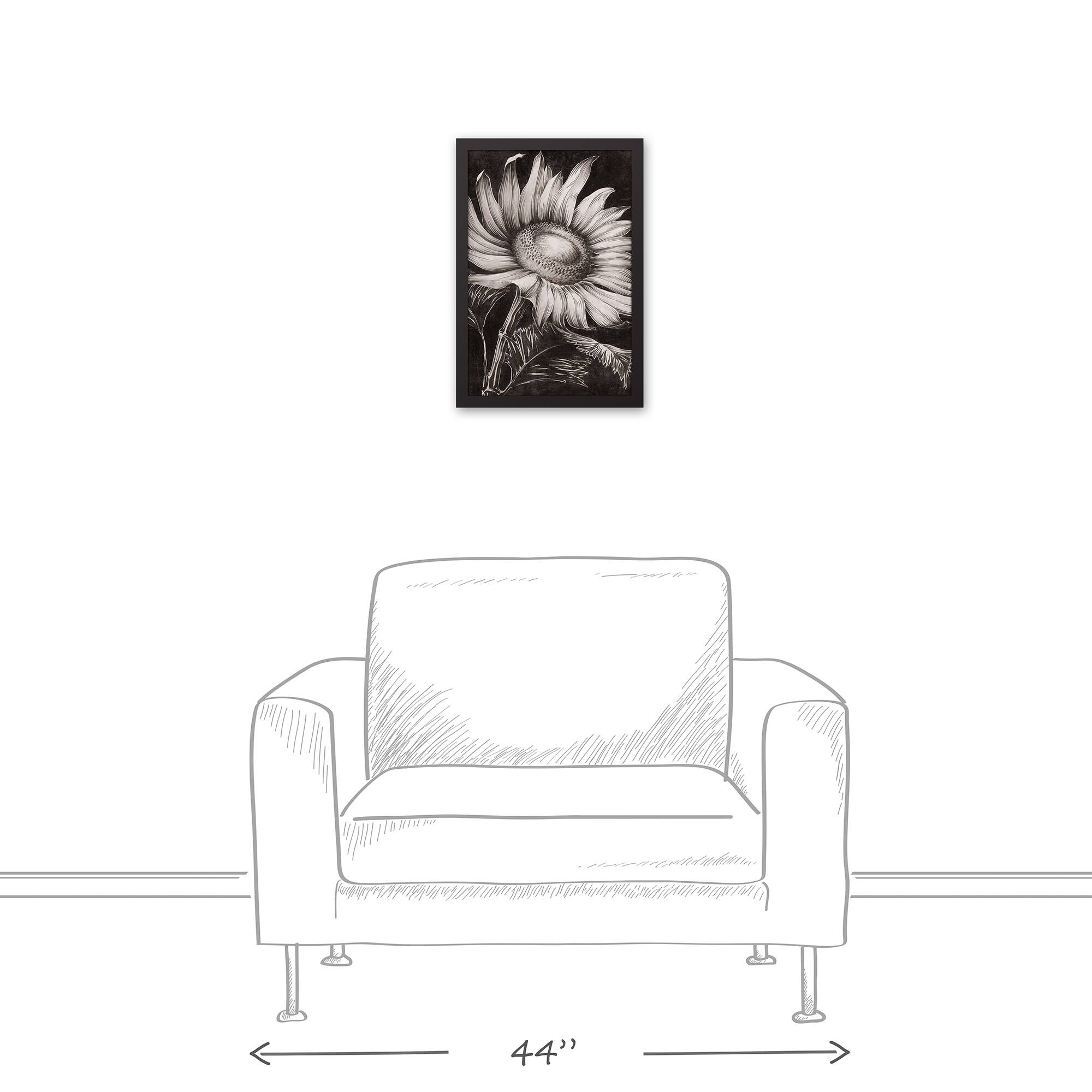 White Sketched Sunflower Black Framed Canvas