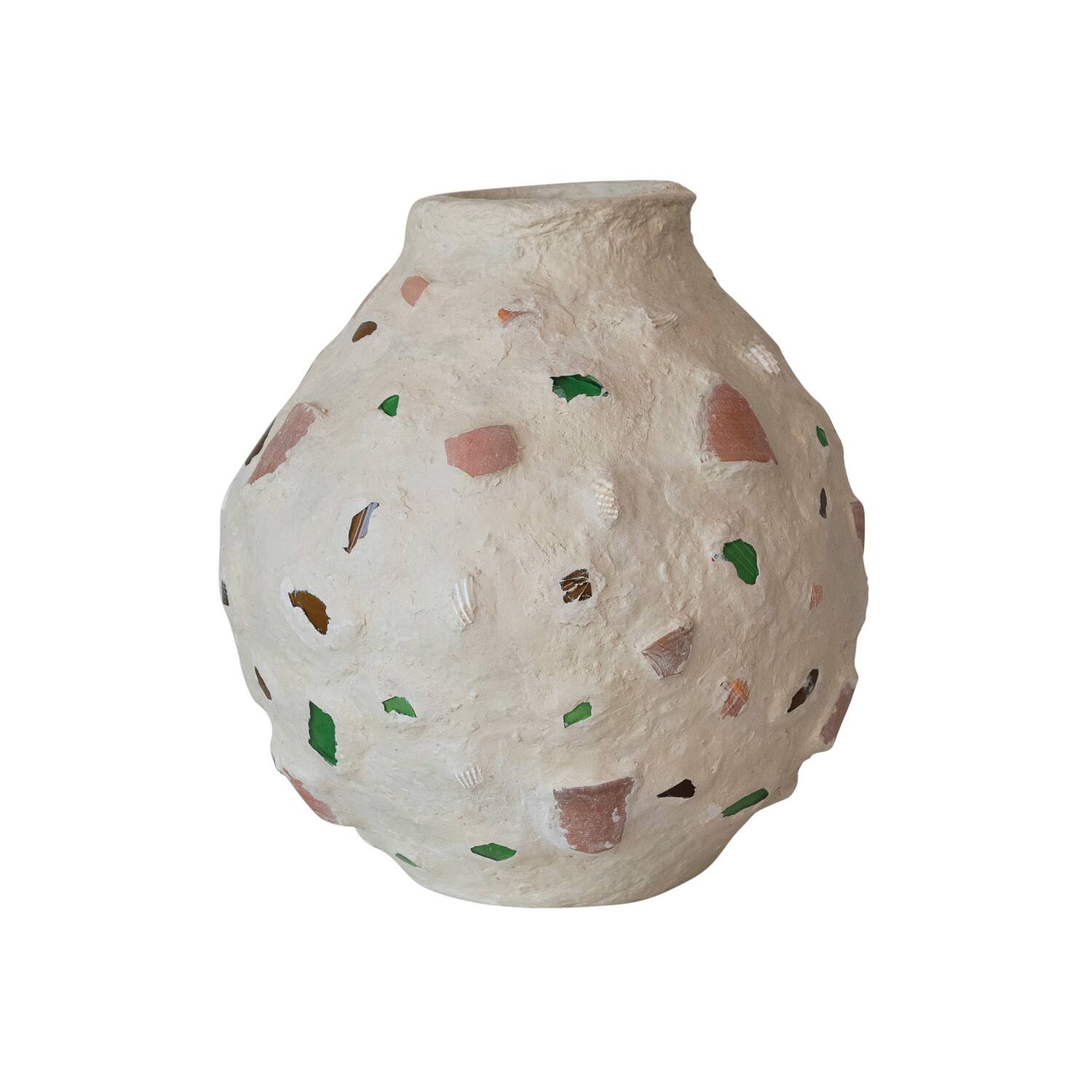 Hello Honey&#xAE; 13&#x22; Multicolor Handmade Paper Mache Vase with Embedded Glass, Shells &#x26; Wood Pieces