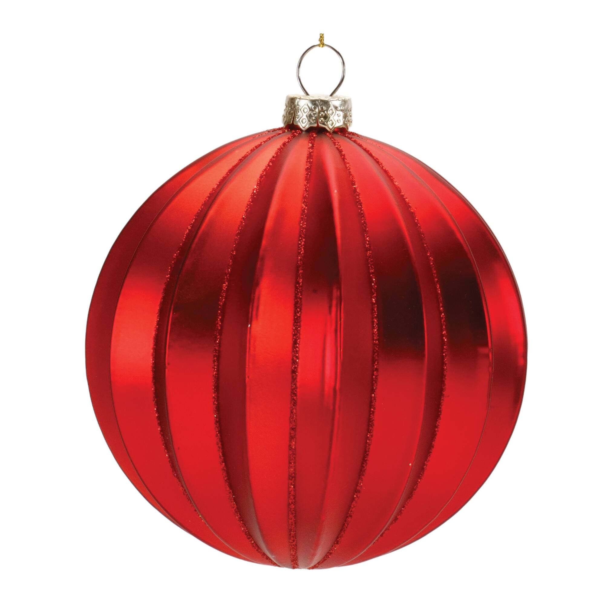 Red Glitter Ribbed Glass Ball Ornaments Set