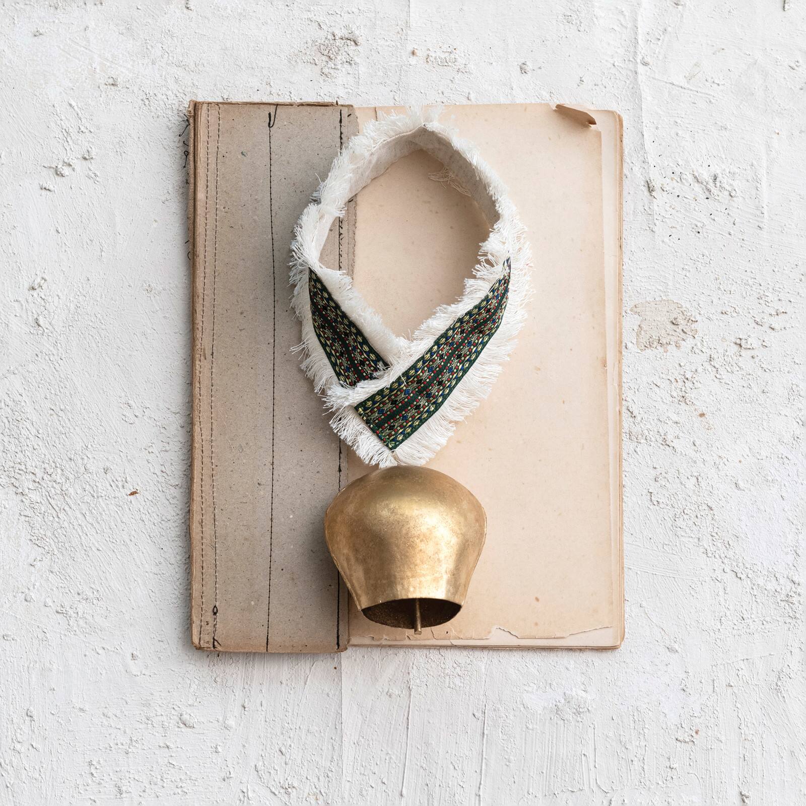 Hello Honey&#xAE; 11&#x22; Gold Finish Metal Cowbell with Cotton Patterned Hanger