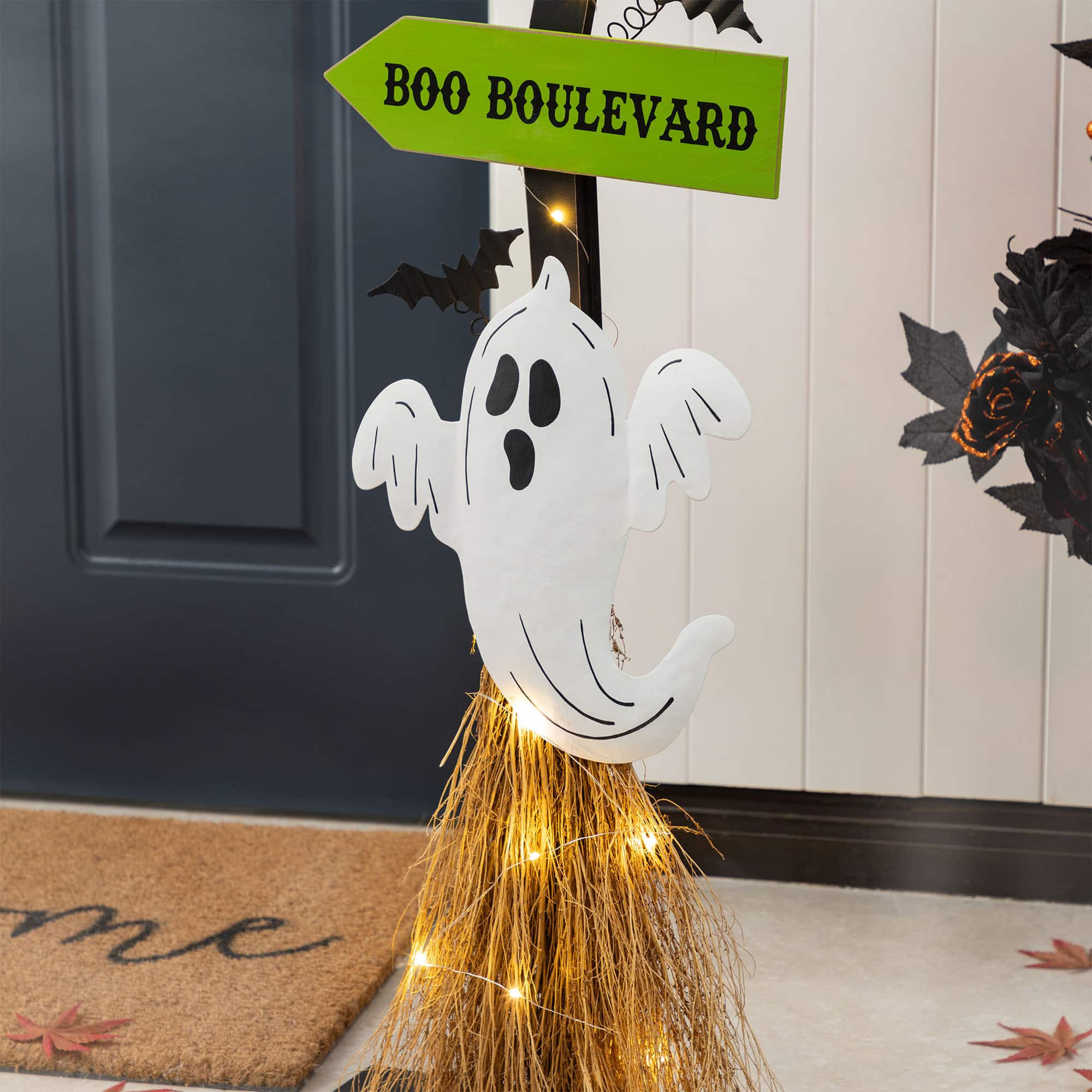 Glitzhome&#xAE; 41.75&#x22;H Lighted Halloween Wooden Ghost&#x27;s Broom Porch Decor