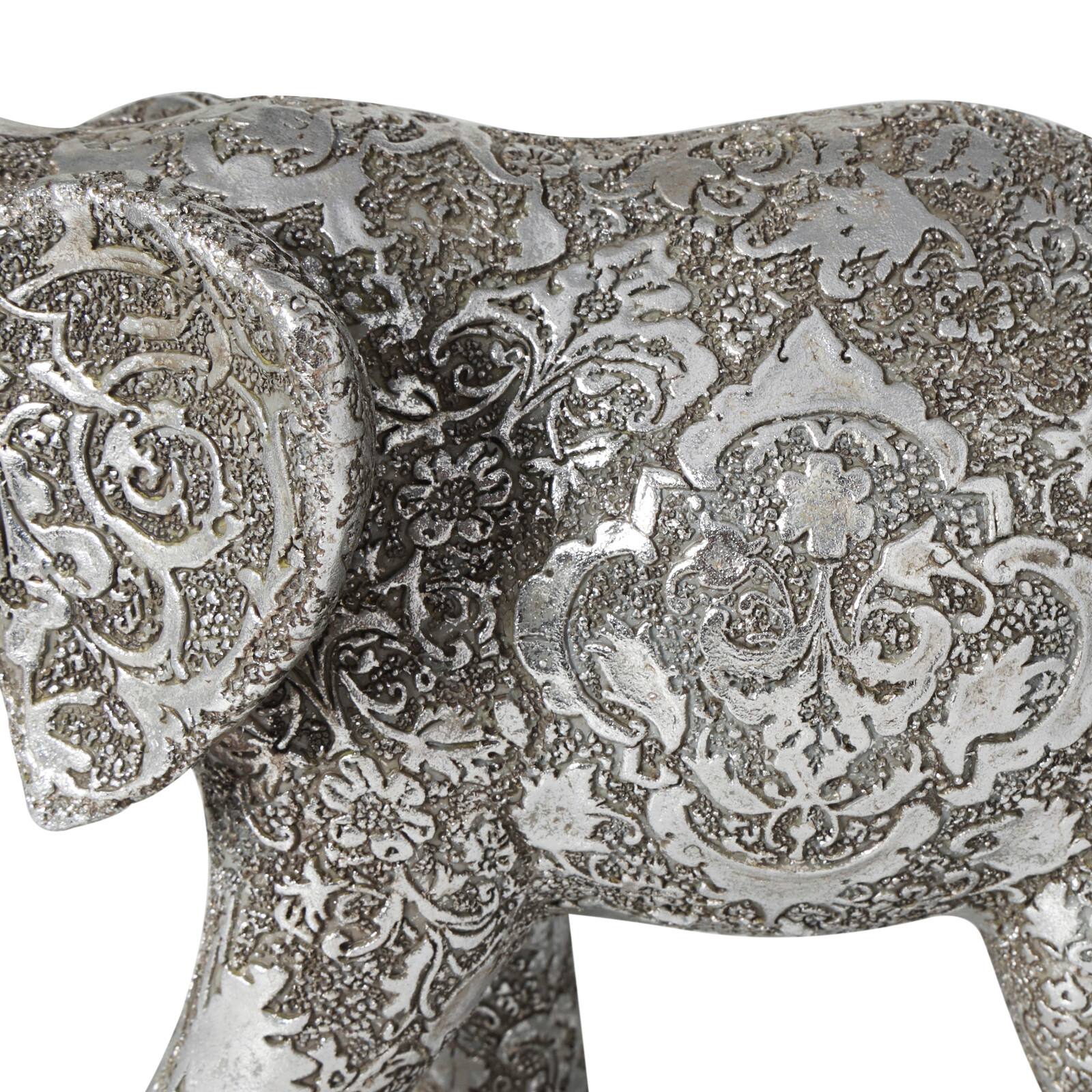 14" Silver Polystone Elephant Floral Engraved Sculpture