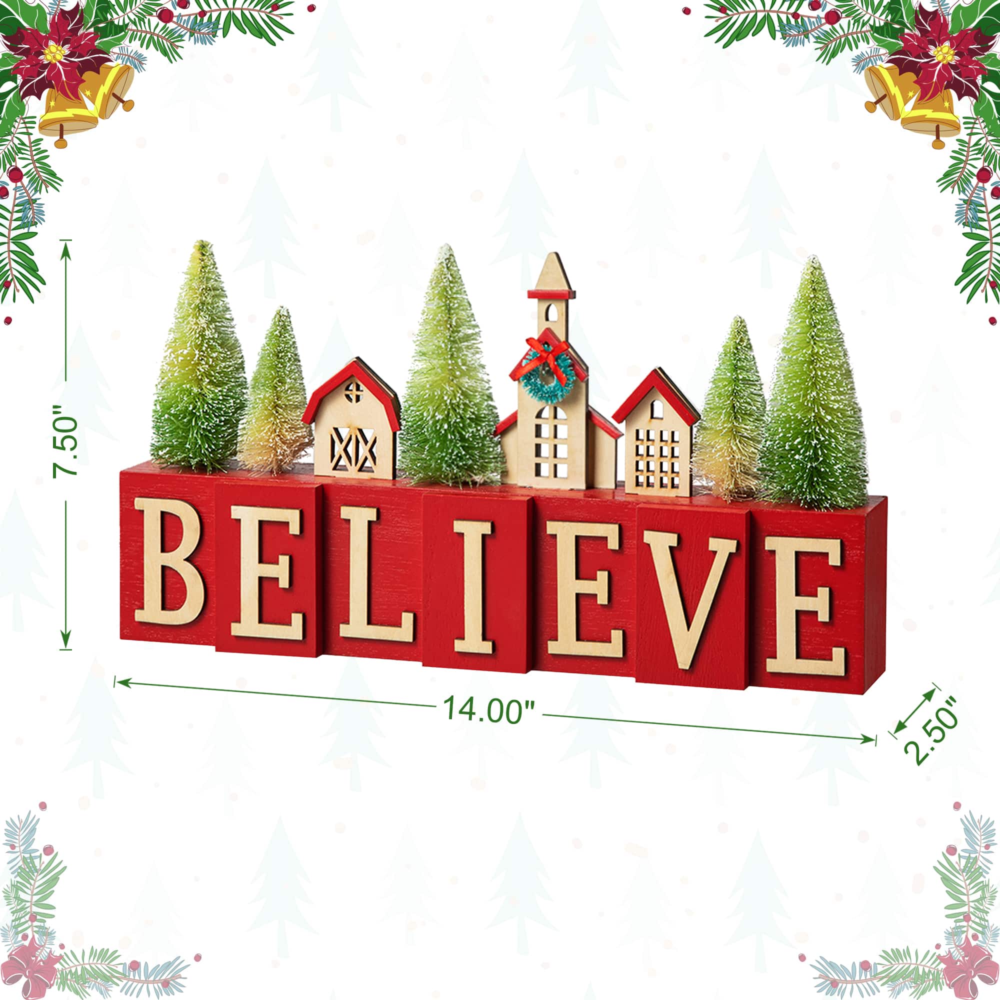 Glitzhome&#xAE; 14&#x22; Christmas Believe House &#x26; Brush Trees Table D&#xE9;cor