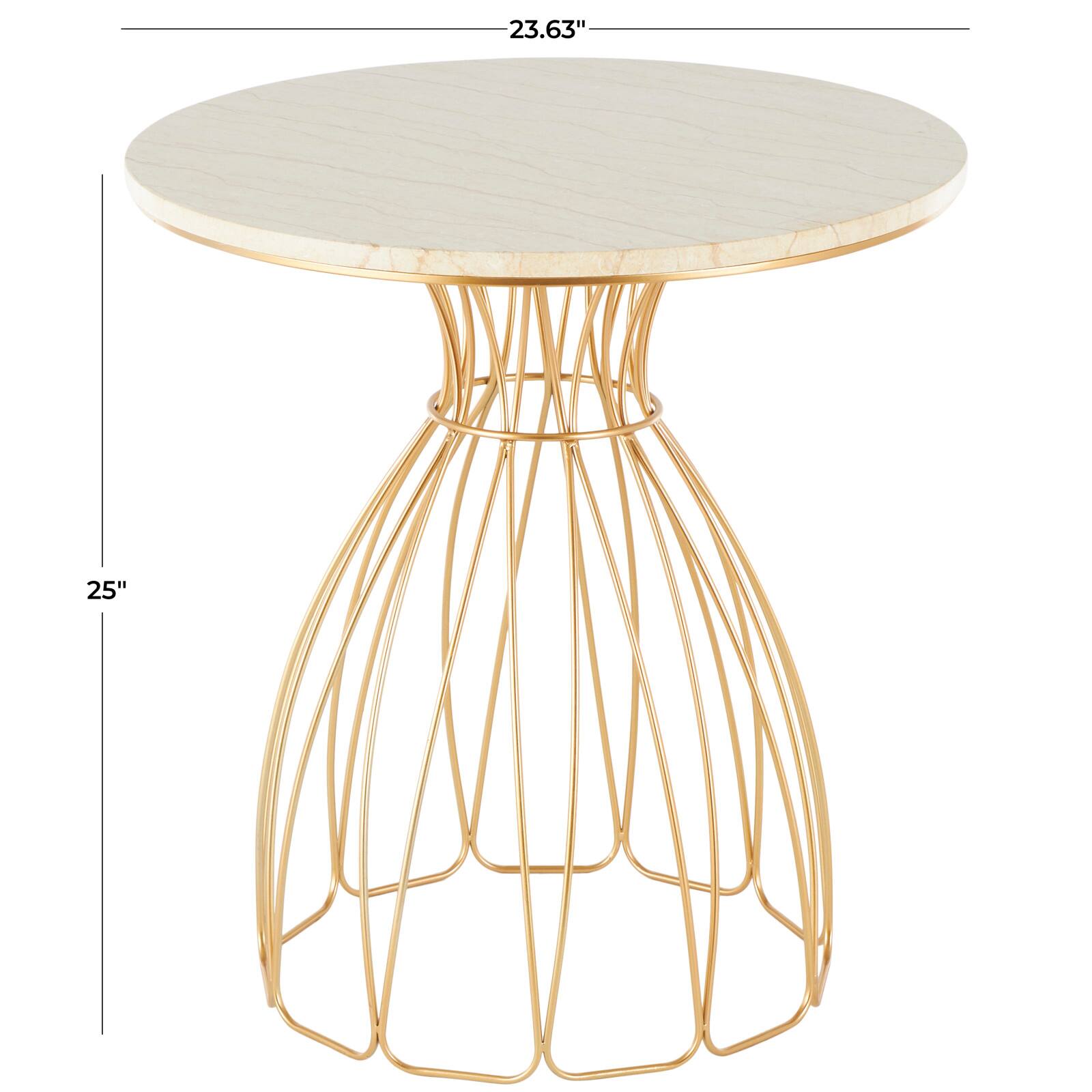 25" Gold Metal Flower Inspired Accent Table with Cream Marble Tabletop