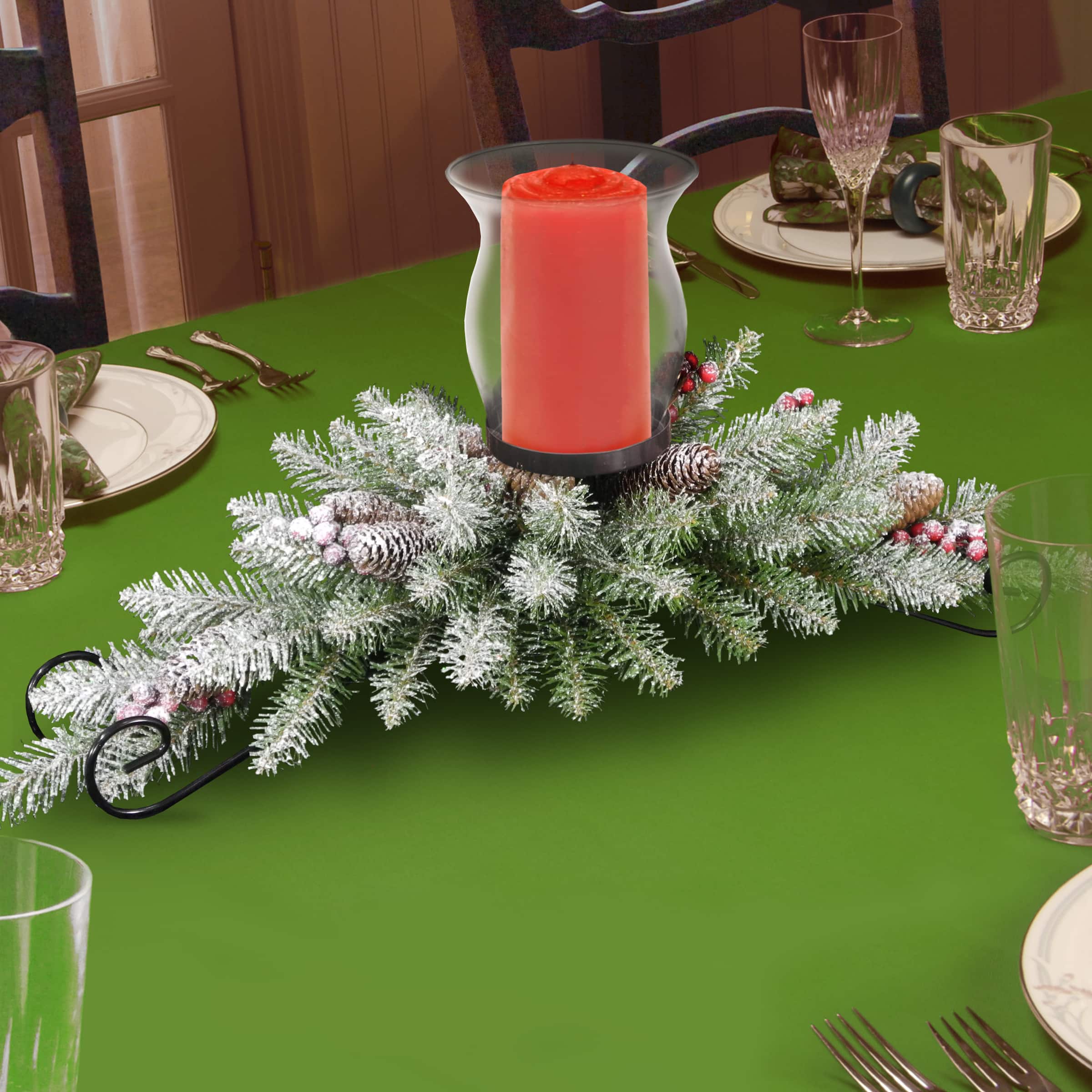 Dunhill® Fir Candle Holder with Snow, Berries & Pinecone Centerpiece
