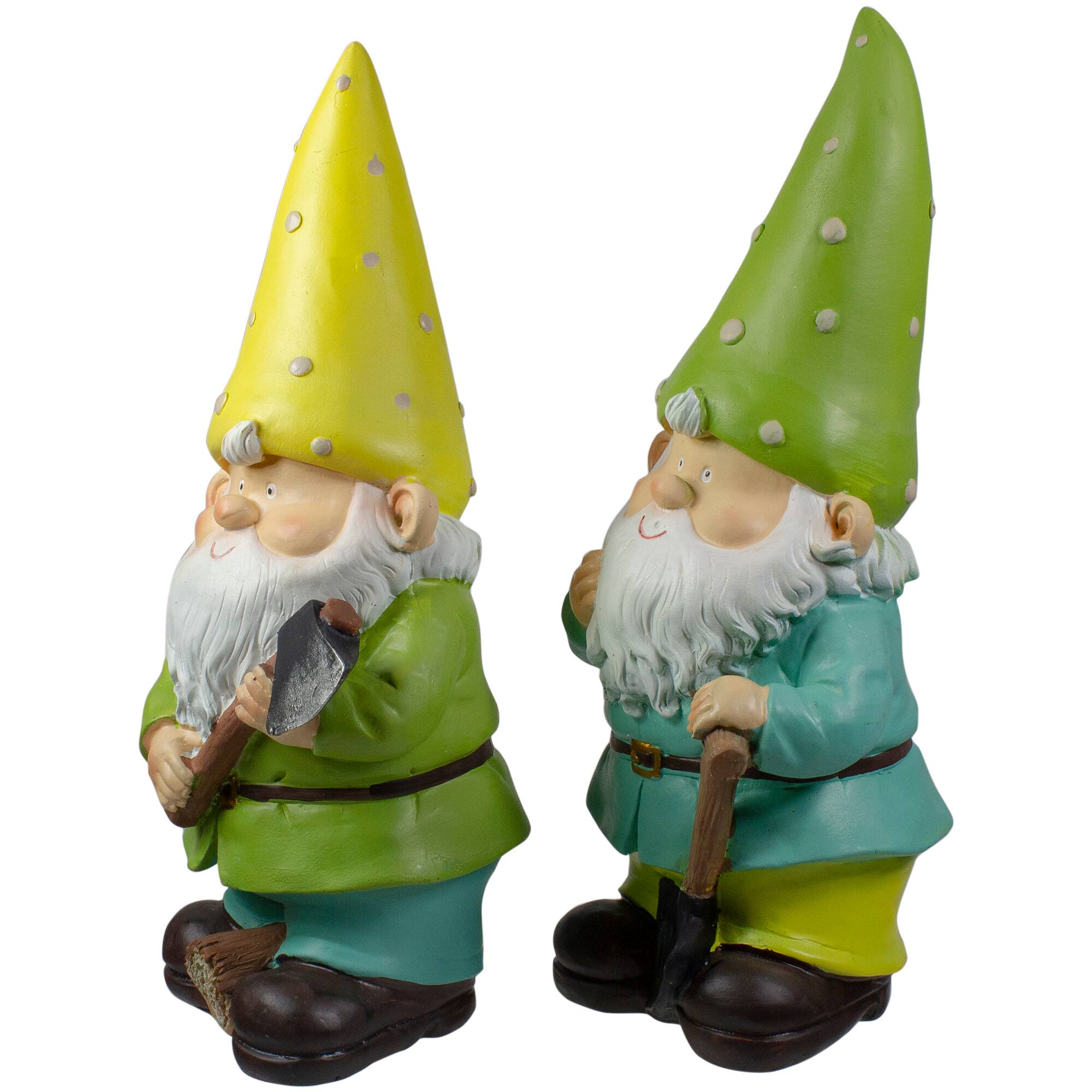 12.25" Green & Yellow Gnome Outdoor Garden Statue Set