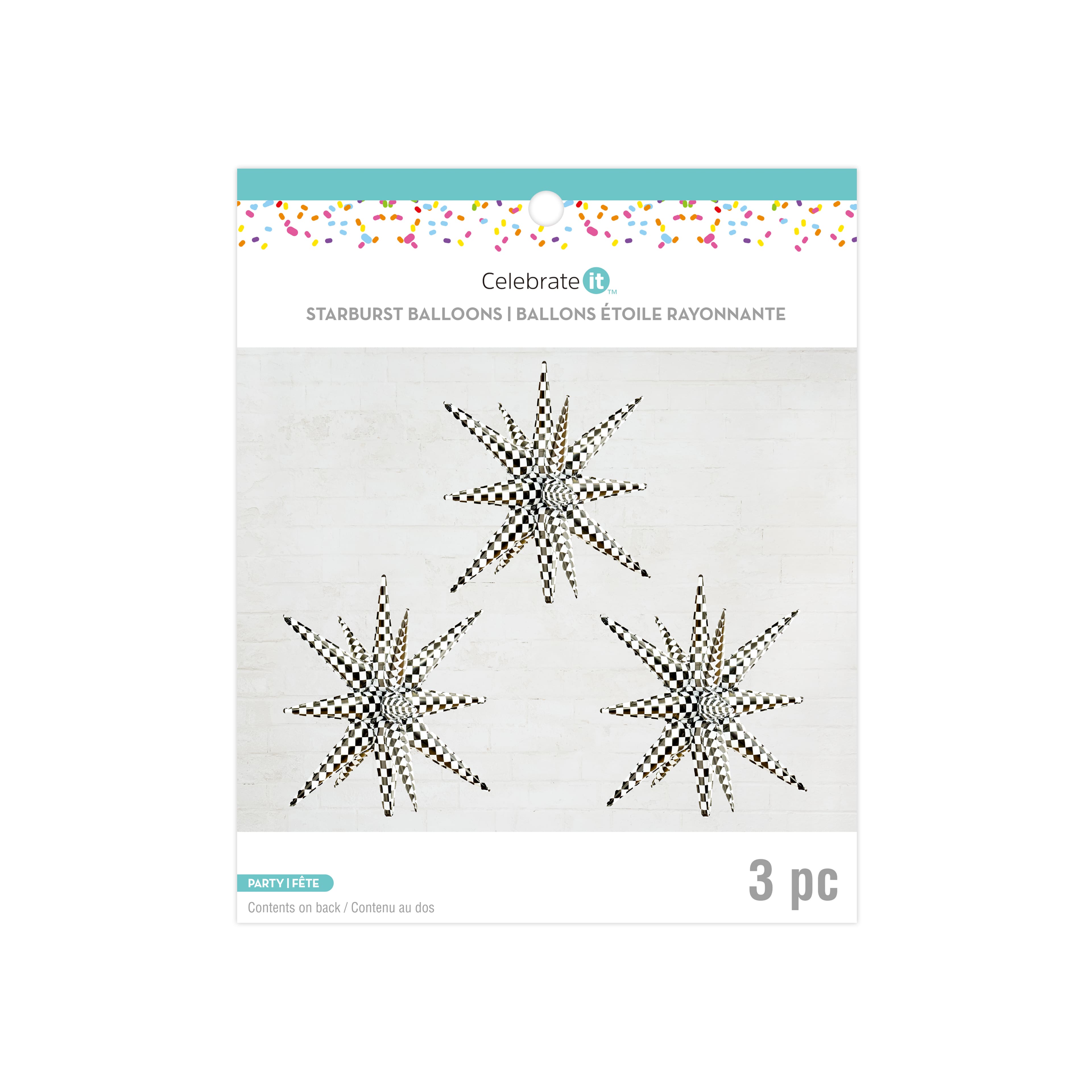 26&#x22; Black &#x26; White Checker Starburst Foil Balloons, 3ct. by Celebrate It&#x2122;