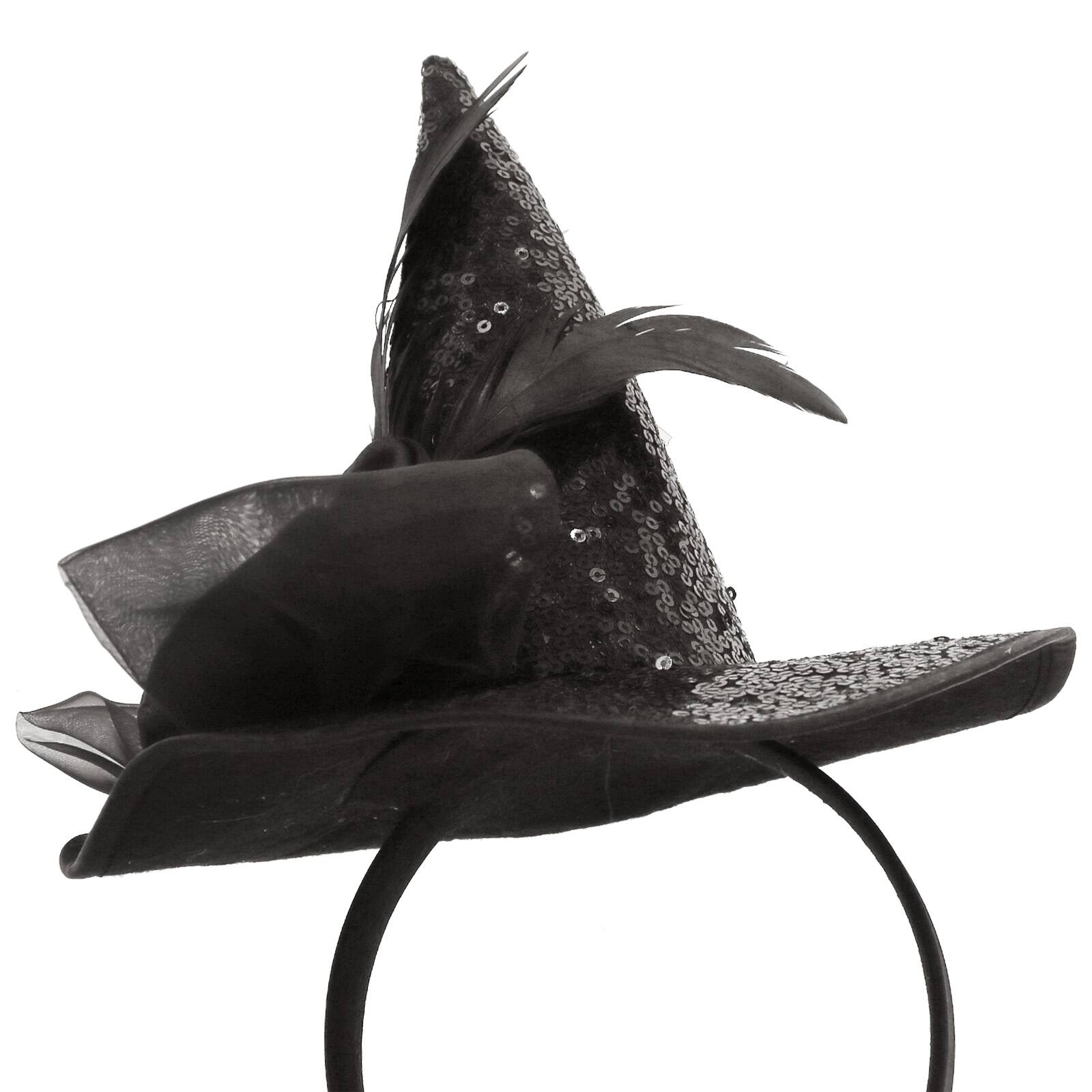 Deluxe Pointed Witch Hat - Glamorous Black Witches Accessories Fancy Velvet  Hat with Flowers, Beads and Purple Feathers