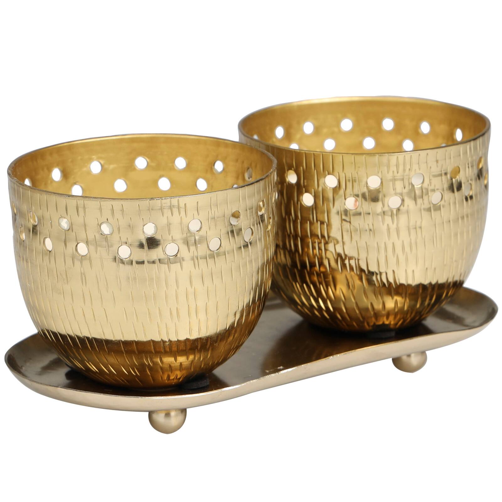 7oz. Jasmine Scented Candles in Cut Out Gold Bowls and Tray