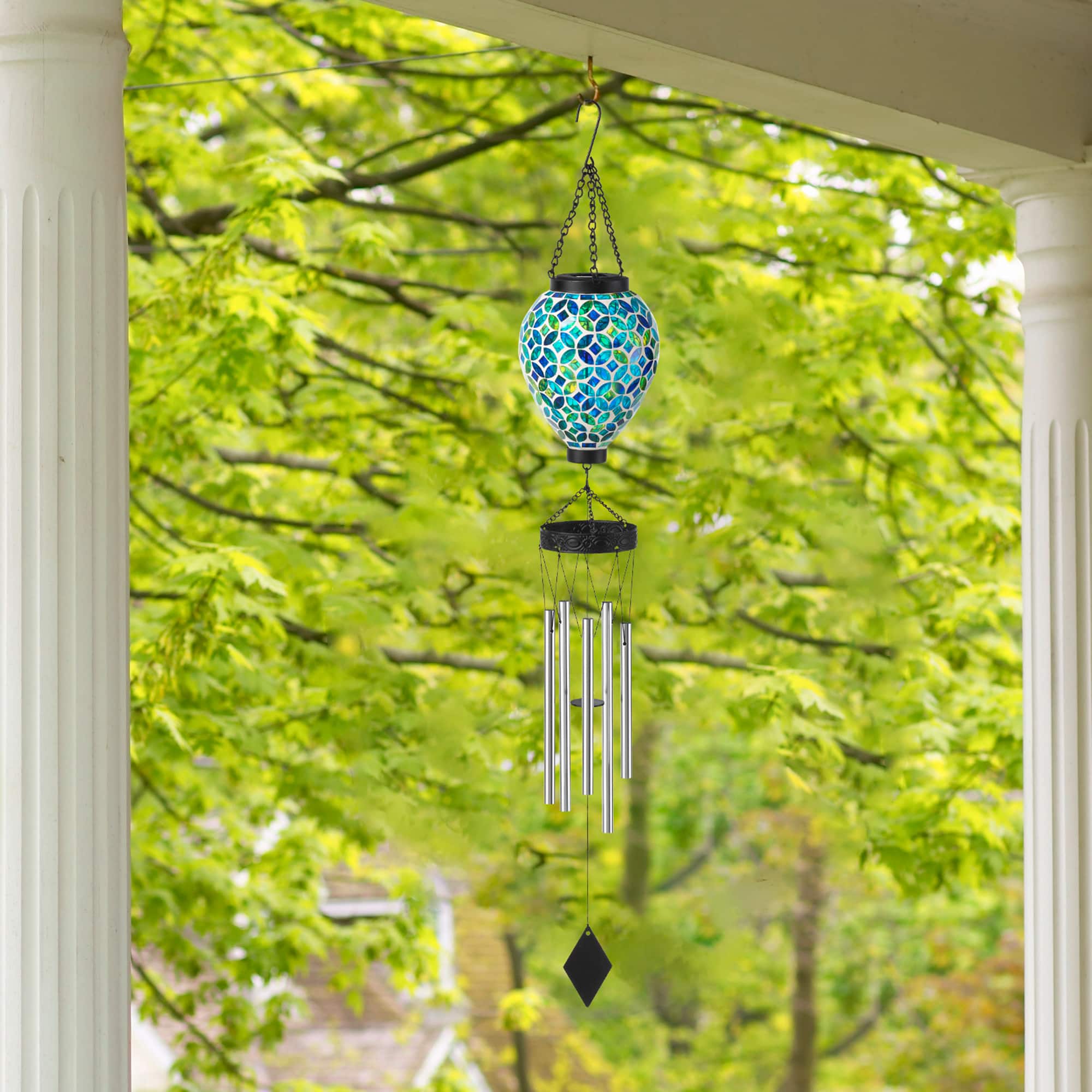 Glitzhome® 37" Blue & Green Solar Lighted Metal & Glass Mosaic Windchime