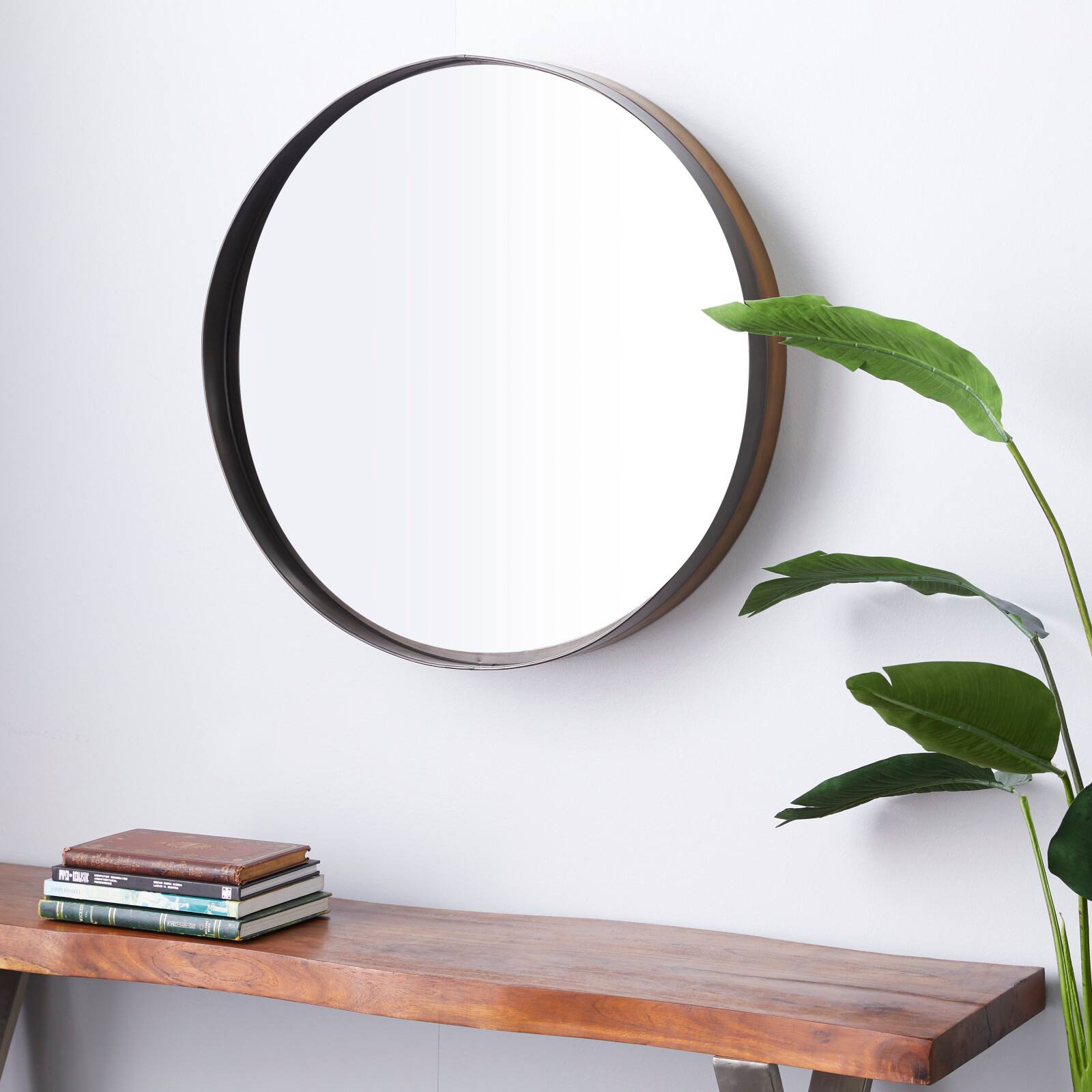 32&#x22; Black &#x26; Brown Metal Modern Wall Mirror