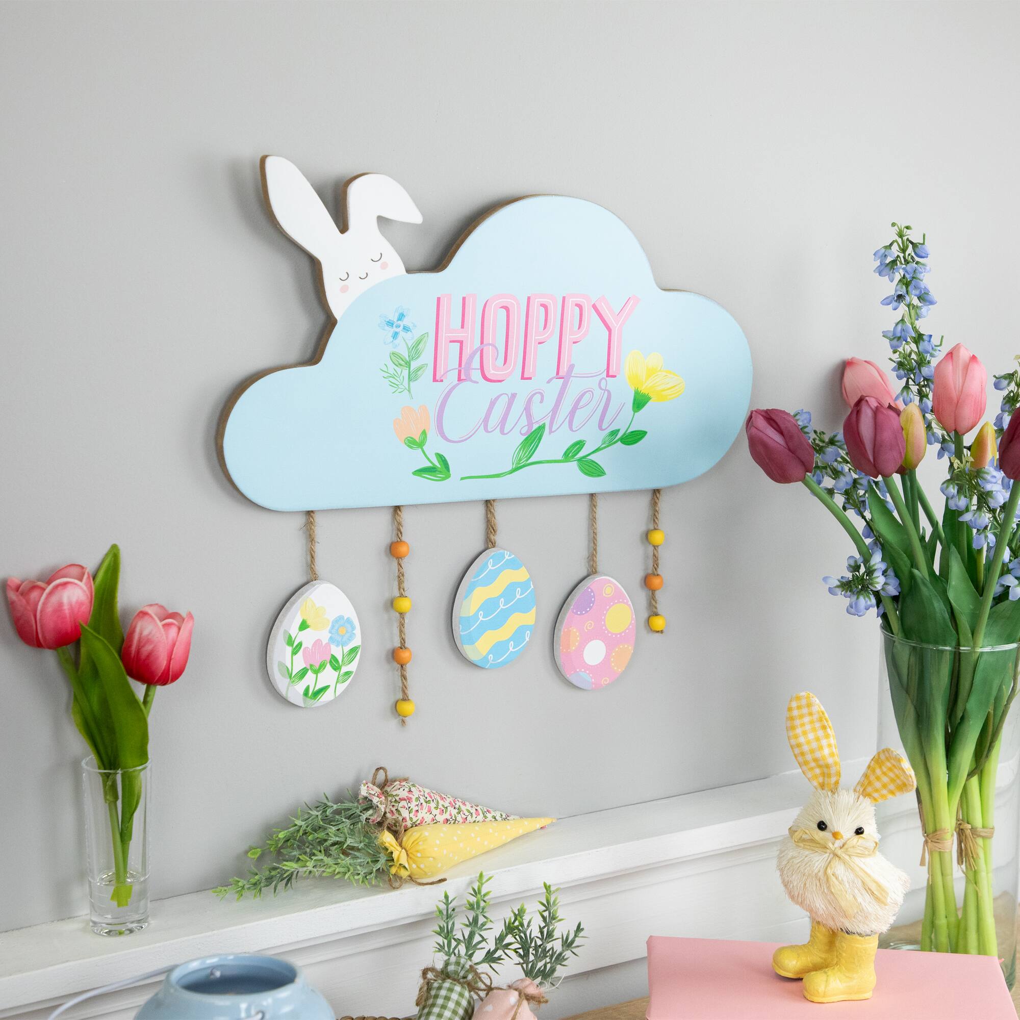 Hoppy Easter Bunny with Eggs Wooden Wall Sign