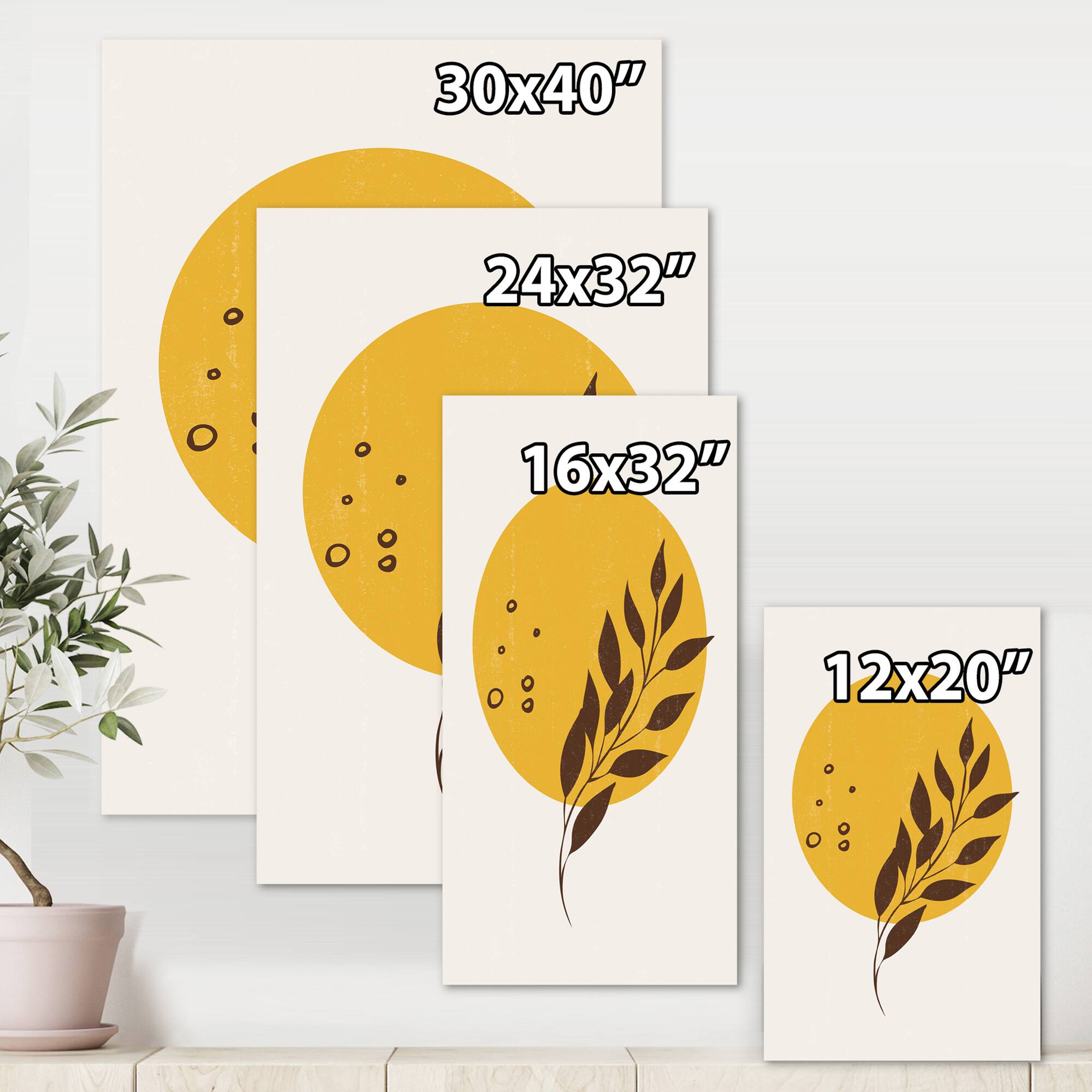 Designart - Abstract Yellow Sun and Moon With Tropical Leaf II - Modern Canvas Wall Art Print