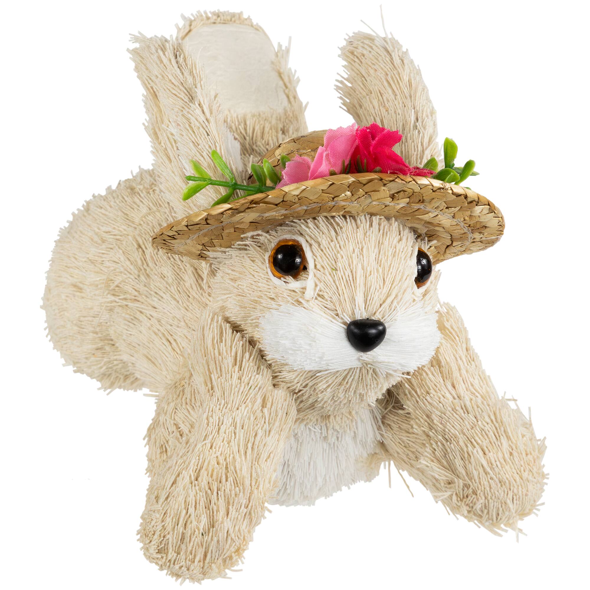 8.75" Beige Rabbit with Floral Straw Hat Easter Figurine