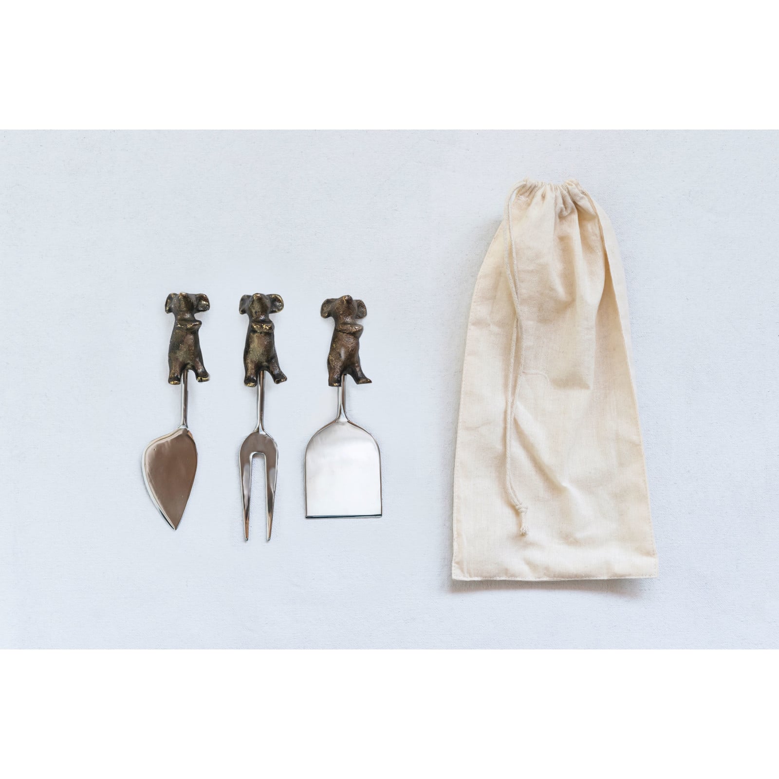 Hello Honey® Cast Aluminum Cheese Server Set with Mice Shaped Handles in Drawstring Bag