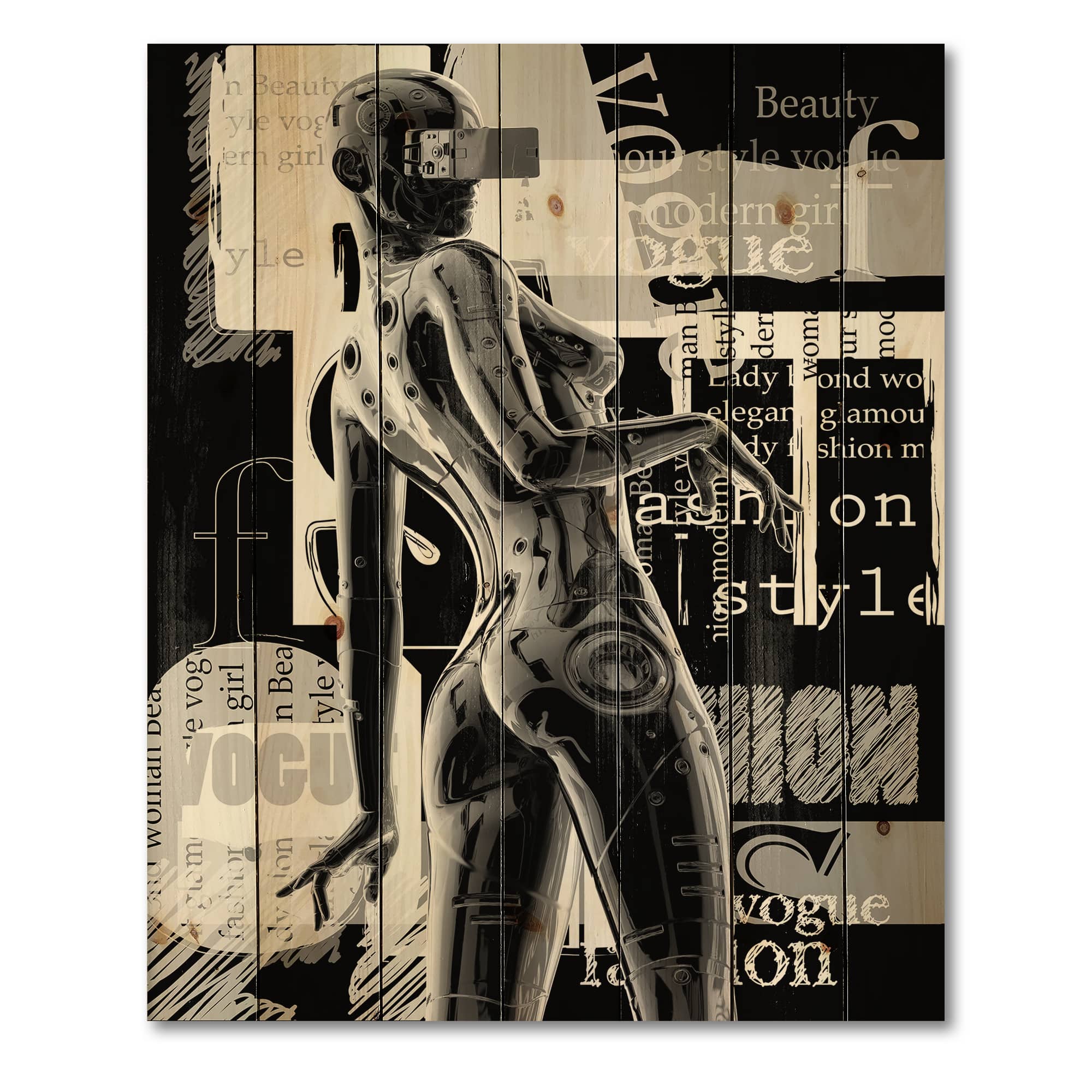 Designart - Monochrome Cyborg Body I - Modern Print on Natural Pine Wood