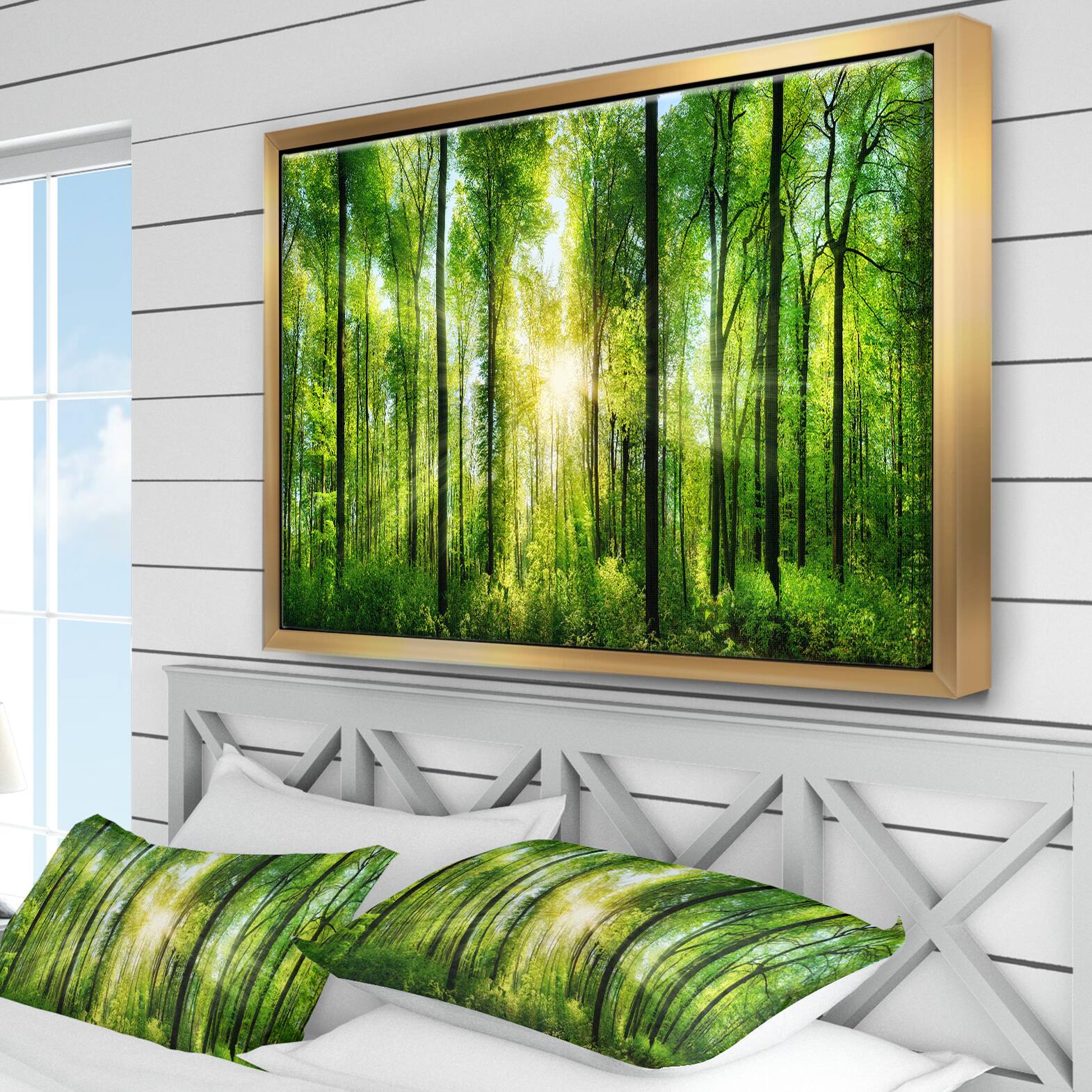 Designart - Forest with Rays of Sun Panorama - Landscape Art Print Framed Canvas
