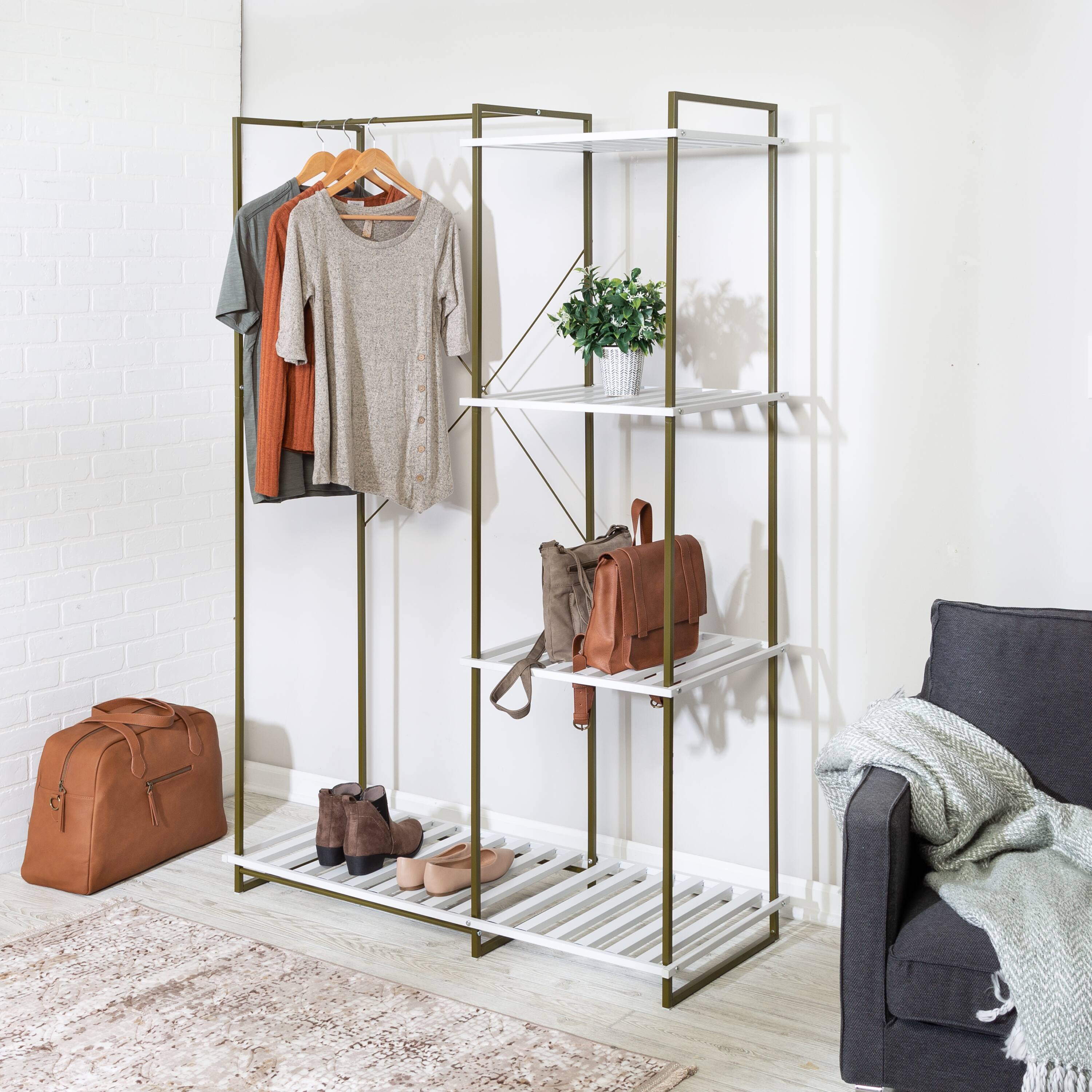 Honey Can Do Olive & White Freestanding Open Metal Closet Wardrobe