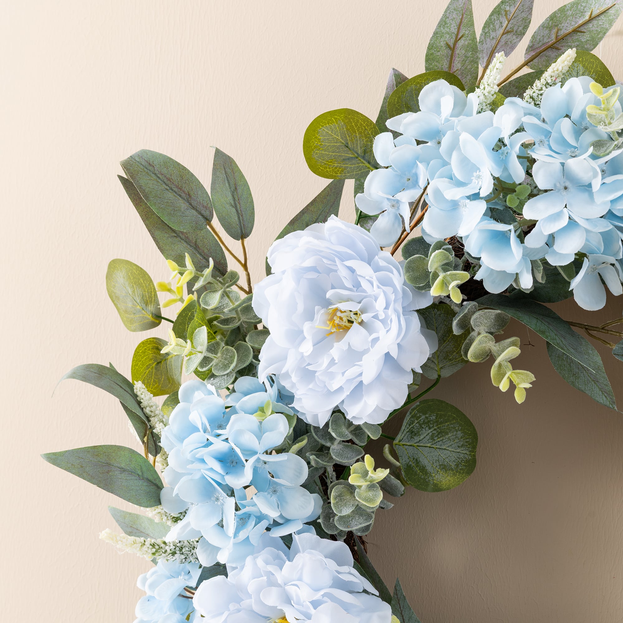 Glitzhome® 24" Blue Peony & Hydrangea Floral Wreath with Black Metal Hanger