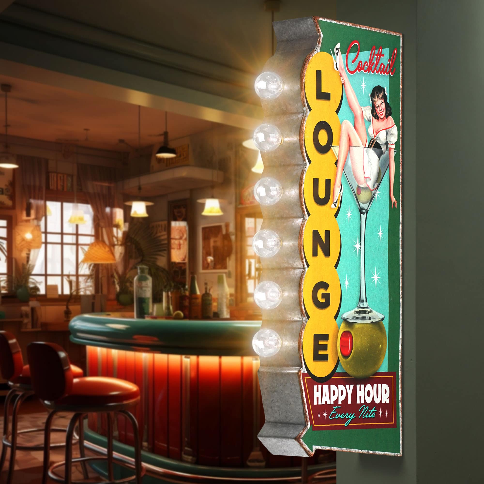 American Art Decor 23.7" Metal LED Cocktail Lounge Happy Hour Every Nite Marquee Sign