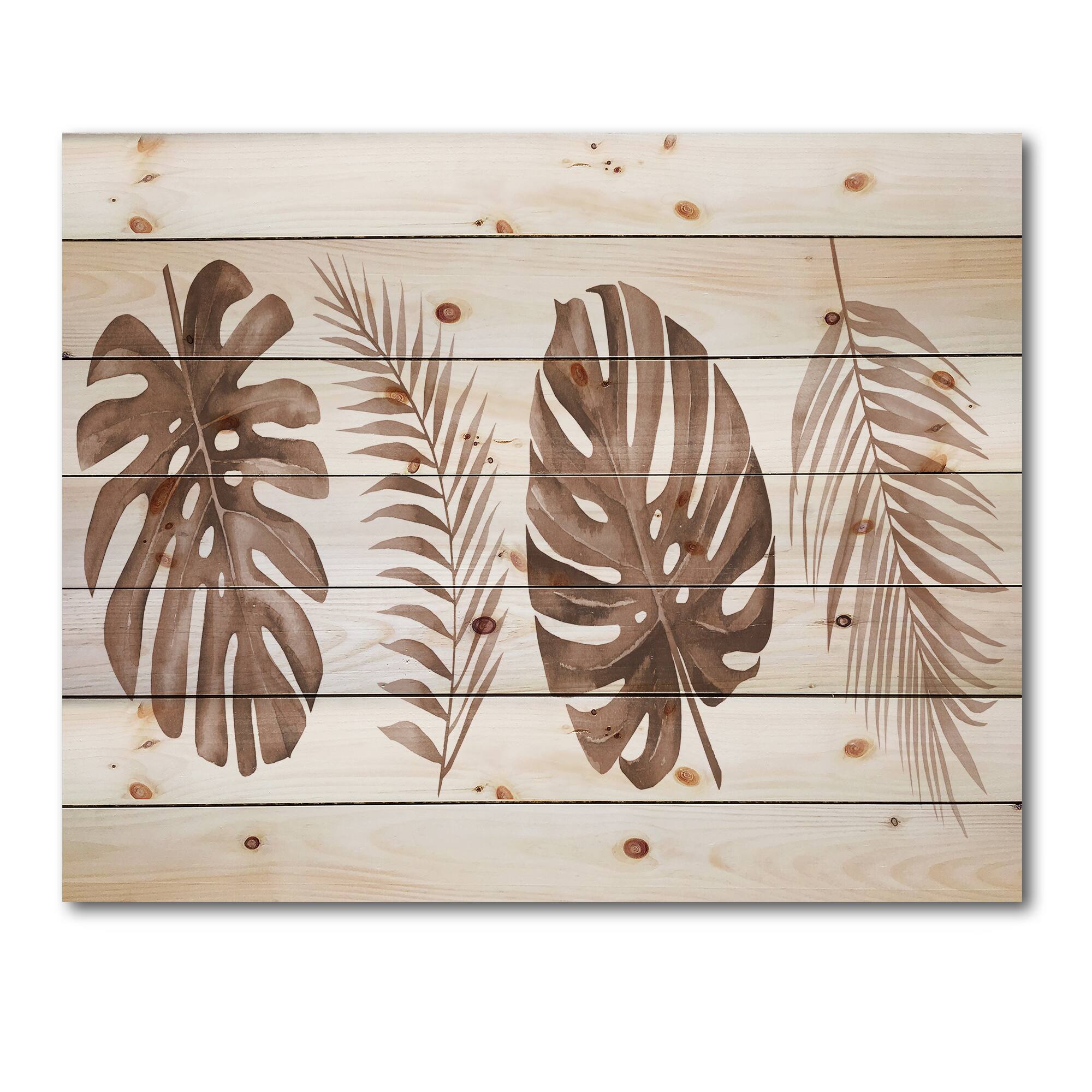 Designart - Tropical Monstera and Palm Leaf In Terracotta - Traditional Print on Natural Pine Wood