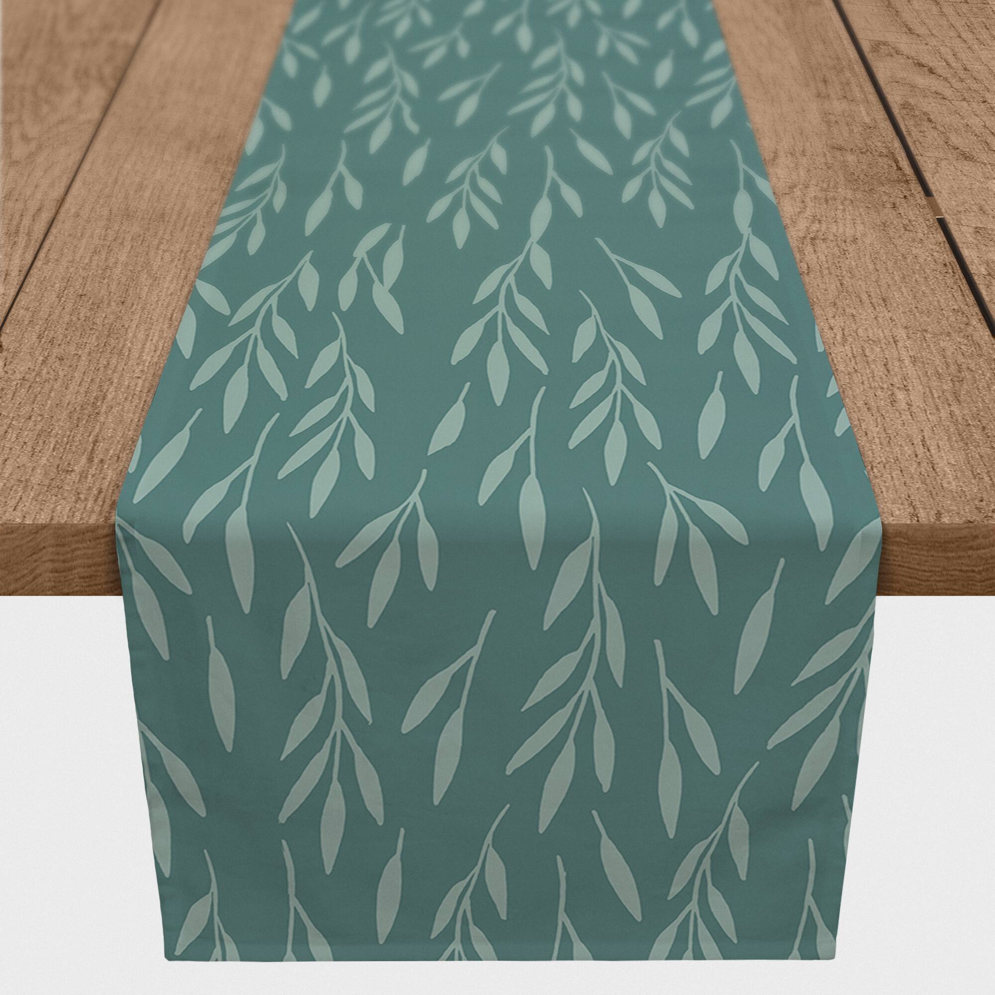 90&#x22; Teal &#x26; Mint Leaves Cotton Twill Table Runner