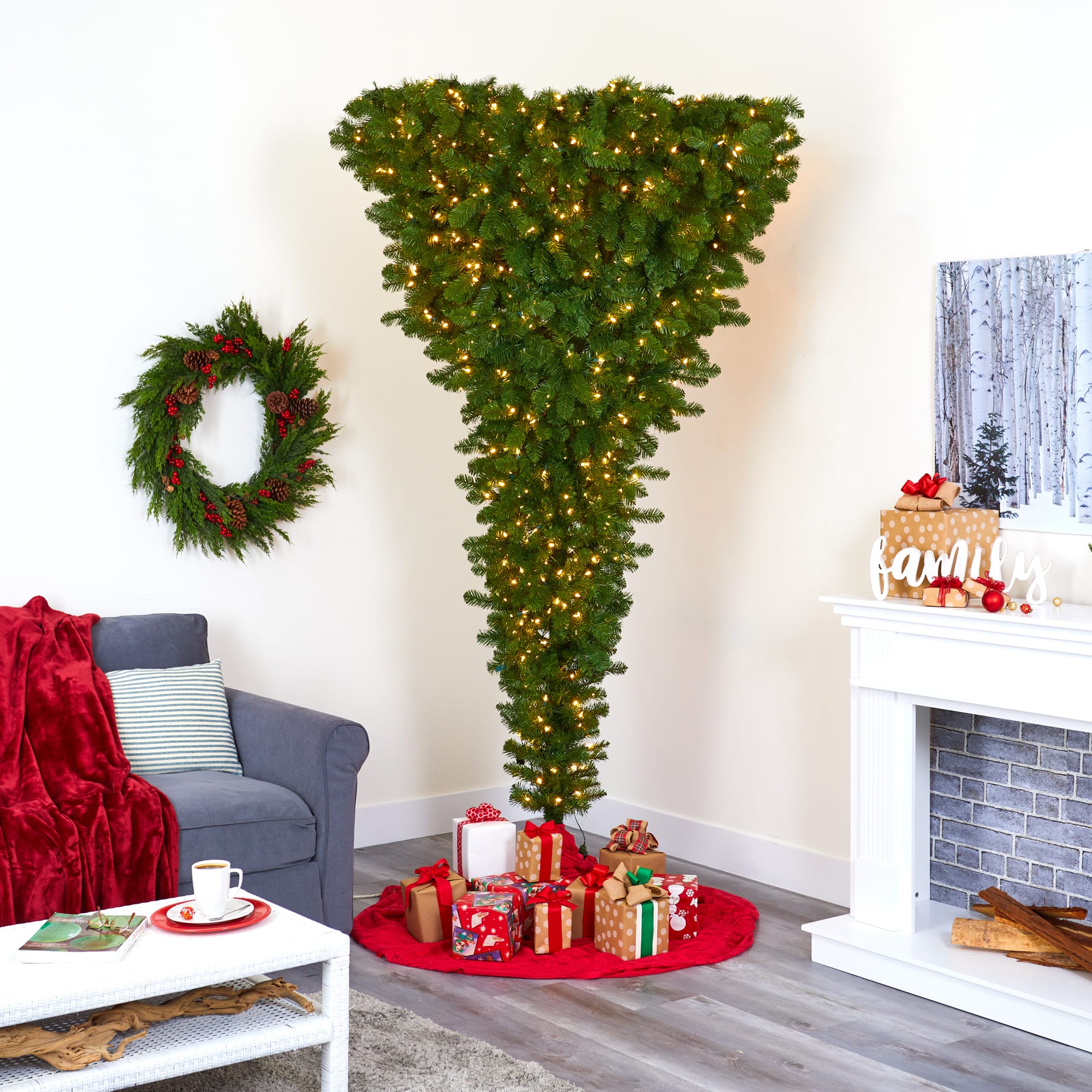 8ft. Pre-Lit Sun Valley Spruce Upside Down Artificial Christmas Tree, Warm White LED Lights
