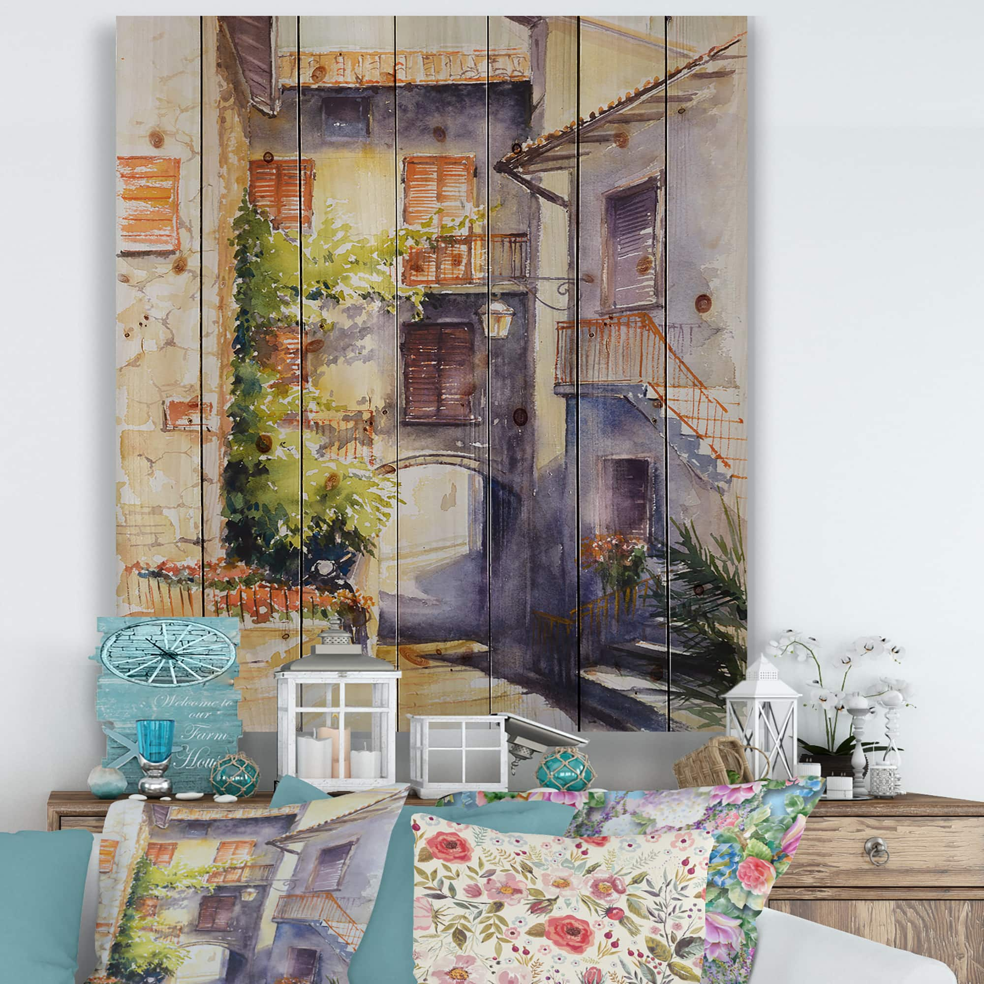 Designart - Rustic and Idyllic Italian VIllage - Country Print on Natural Pine Wood