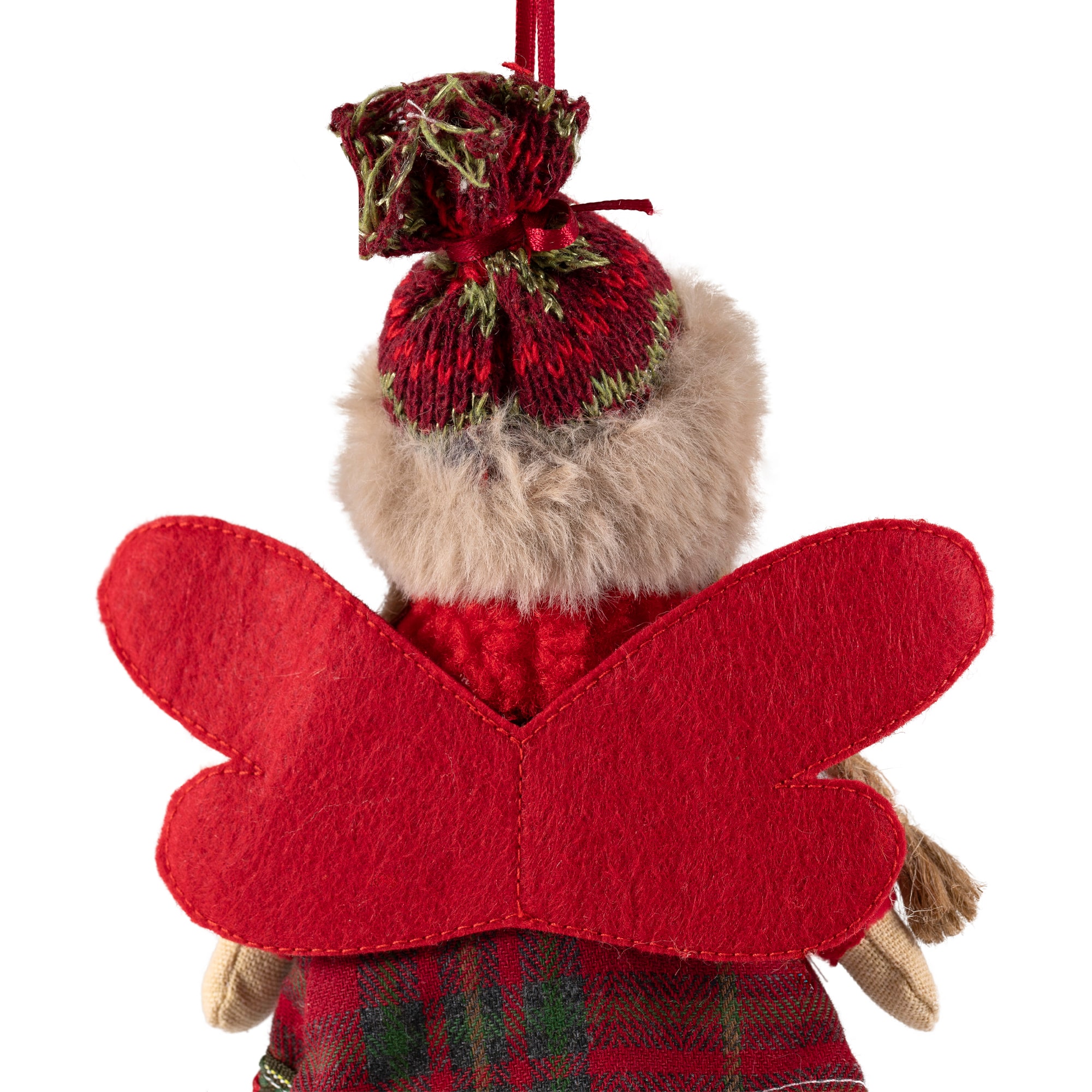 Plaid Angel Girl with Jute Pigtails  Christmas Ornament - 8.5" - Red and Beige