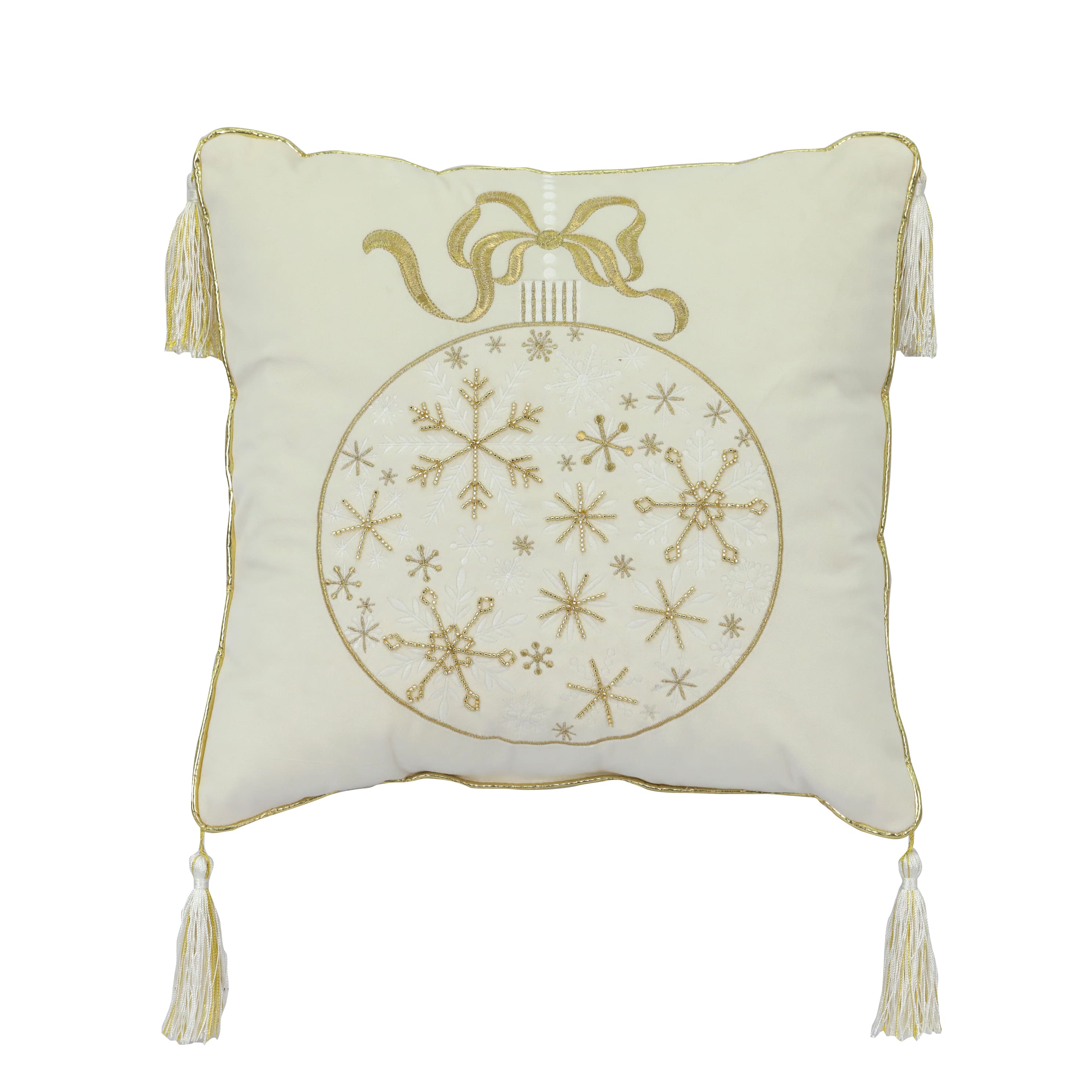 16 x 16 Cream Gold Ornament Throw Pillow with Tassels by Ashland Michaels