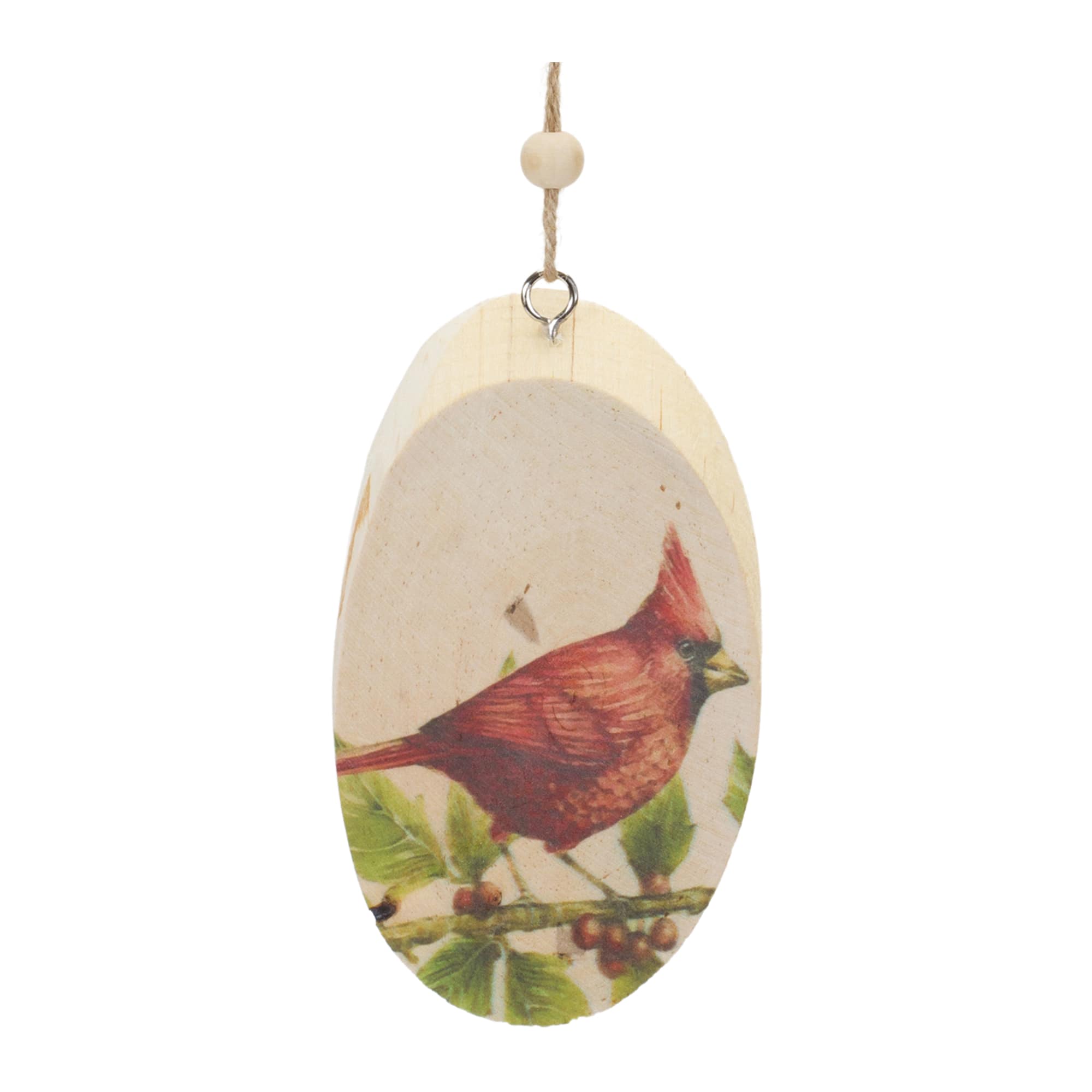 Wood Cardinal Bird Tree Disc Ornament Set
