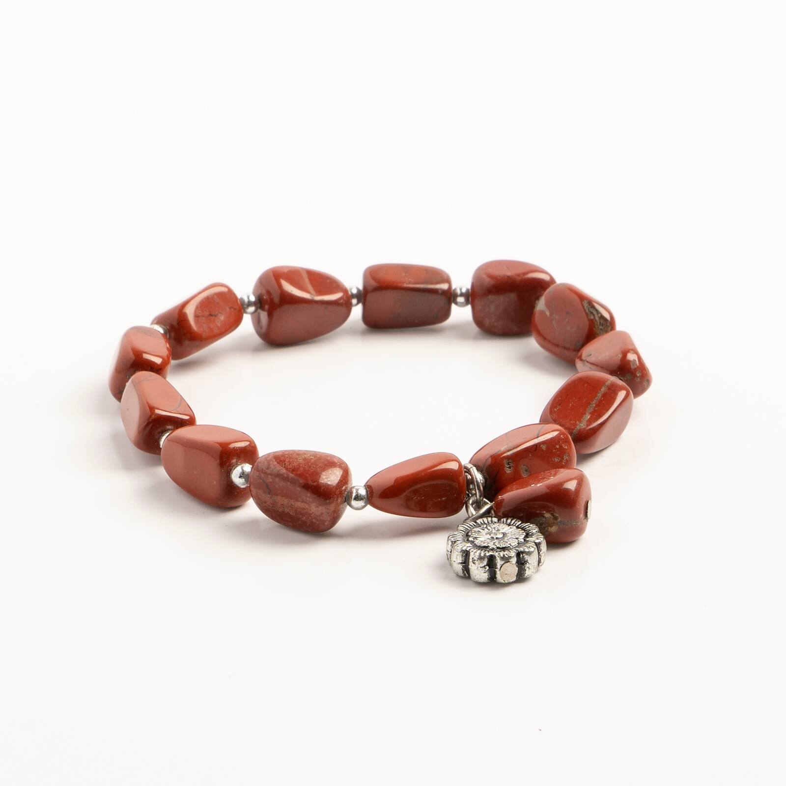 John Bead Red Jasper Stretch Bracelet with Flower Charm