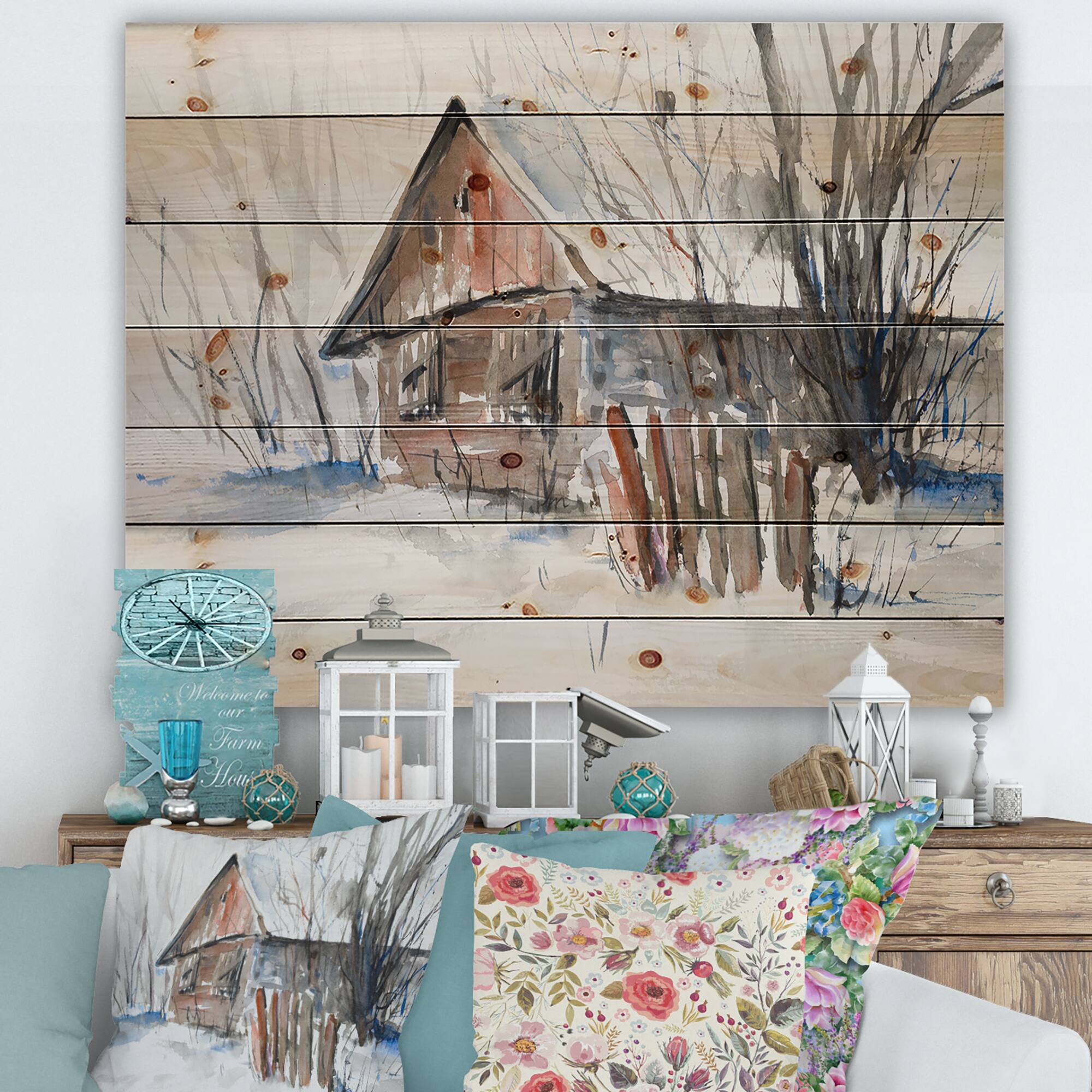 Designart - Old Abandoned Wooden House In Winter Picture - Traditional Print on Natural Pine Wood
