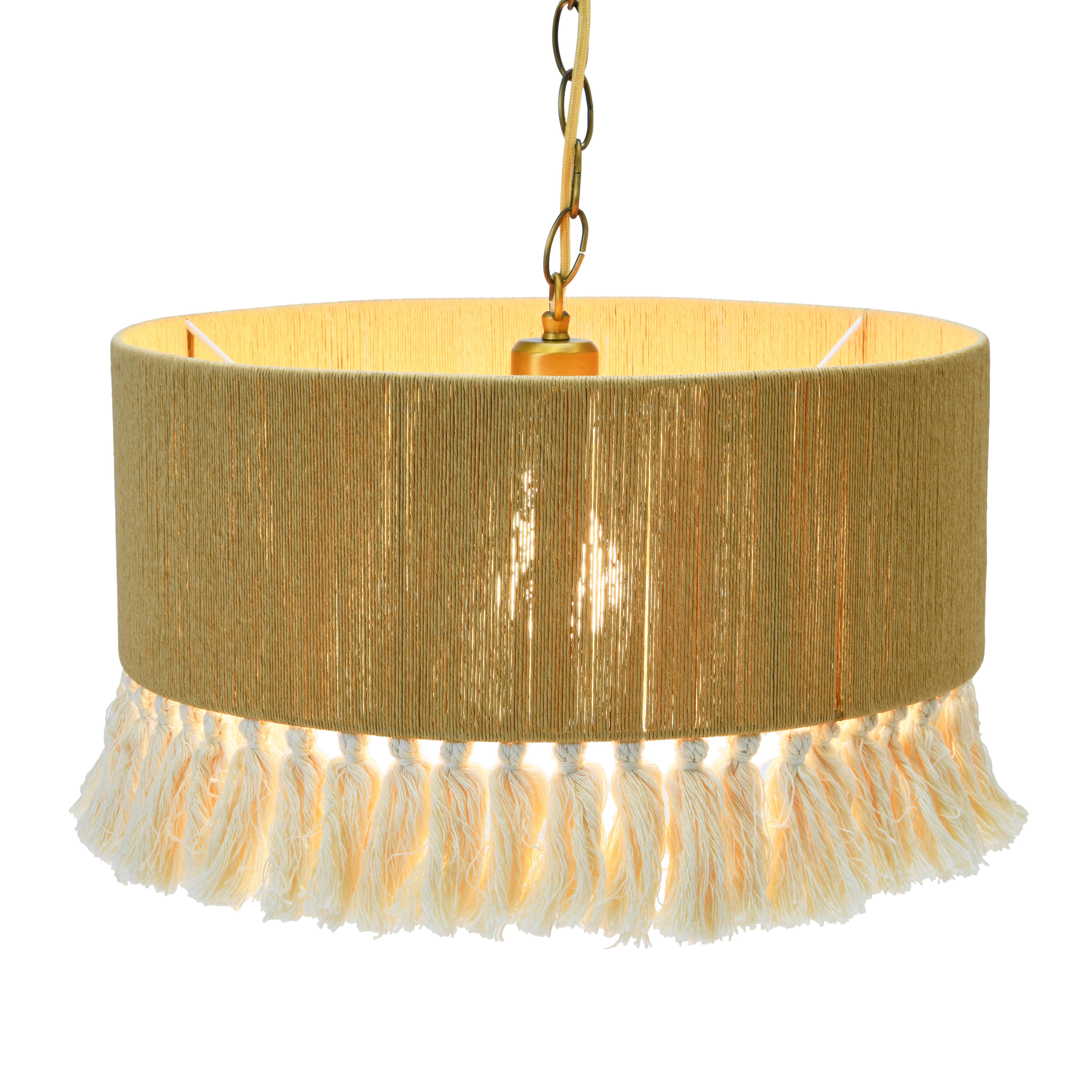 Hello Honey® 16" Brown Coastal Pendant Lamp with Natural Paper Rope Shade, Fringe Detail and Iron Base