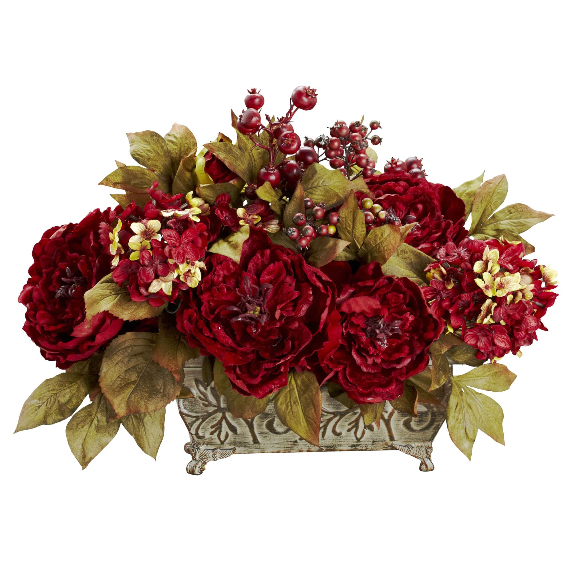 18&#x22; Red Peony &#x26; Hydrangea Arrangement in Decorative Planter