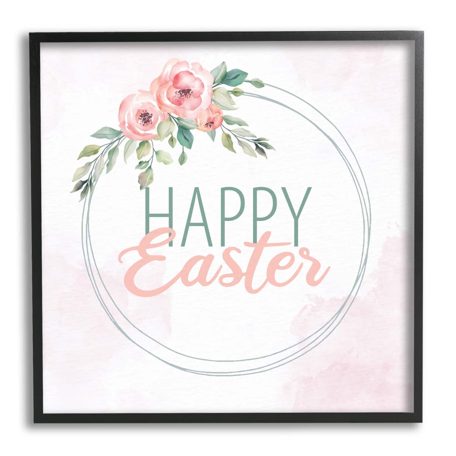 Stupell Industries Happy Easter Round Floral Border Pastel Pink Design Framed Giclee Art