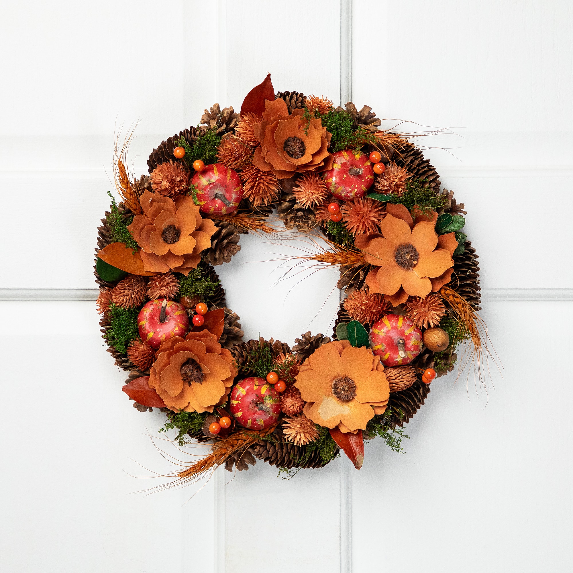 13.25&#x27;&#x27; Unlit Autumn Harvest Orange Flowers and Gourds Pine Cone Wreath