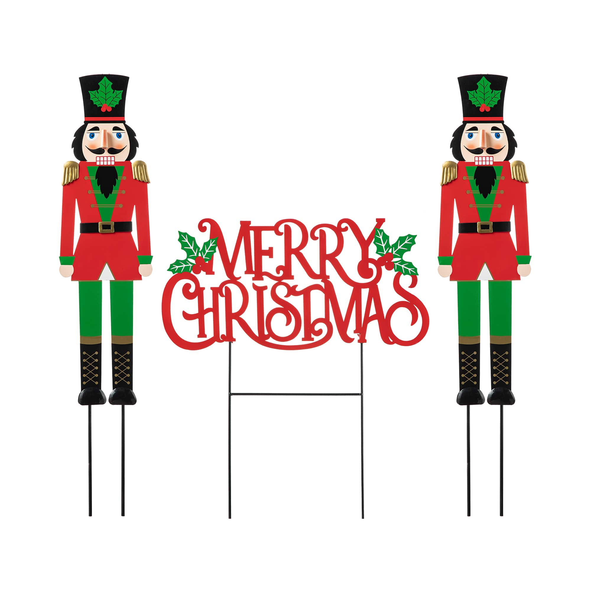 Glitzhome&#xAE; Metal Nutcrackers &#x26; &#x22;MERRY CHRISTMAS&#x22; Yard Stake Set