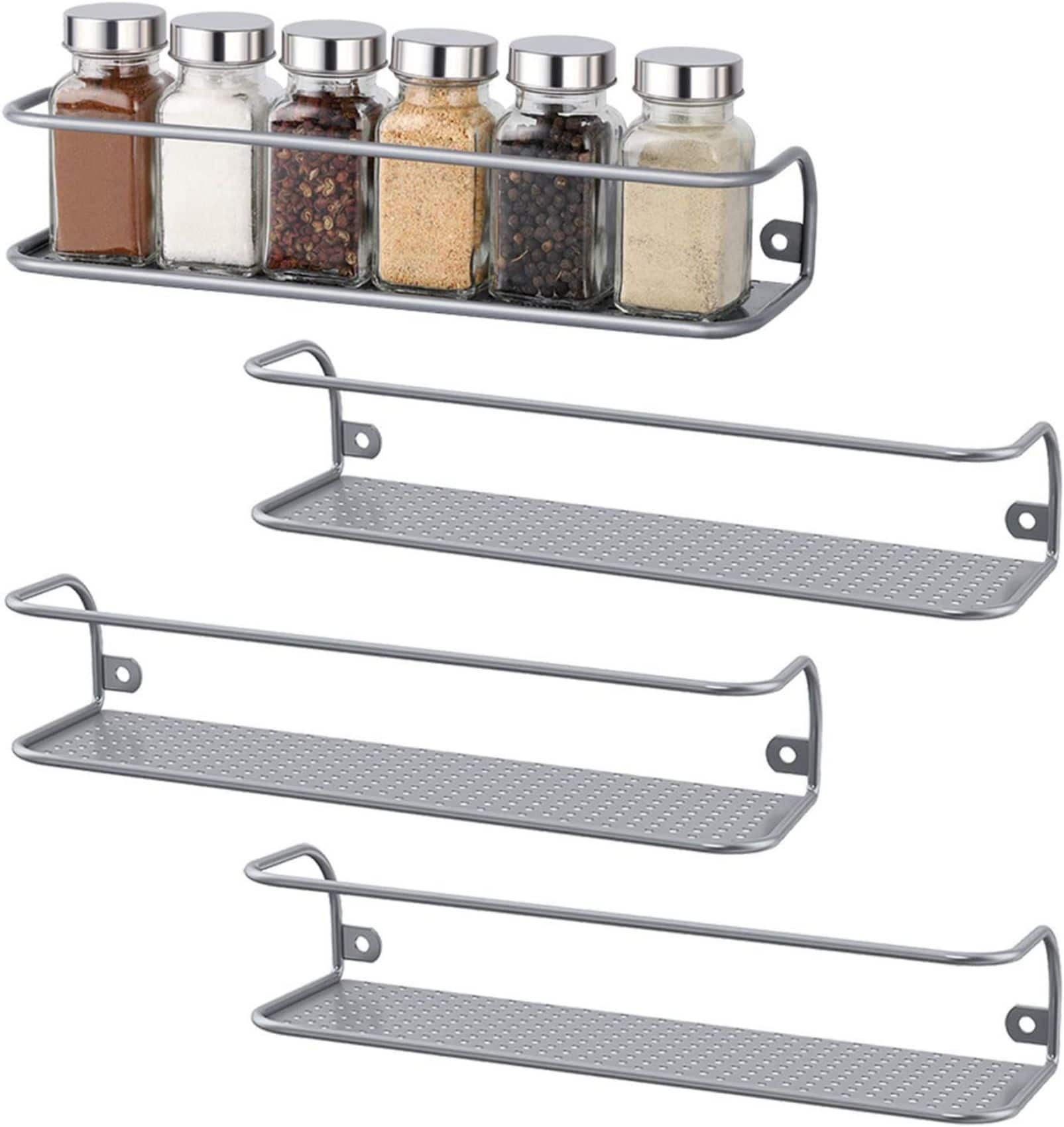 NEX Silver Wall Mount Metal Spice Racks for Kitchen Storage 4ct