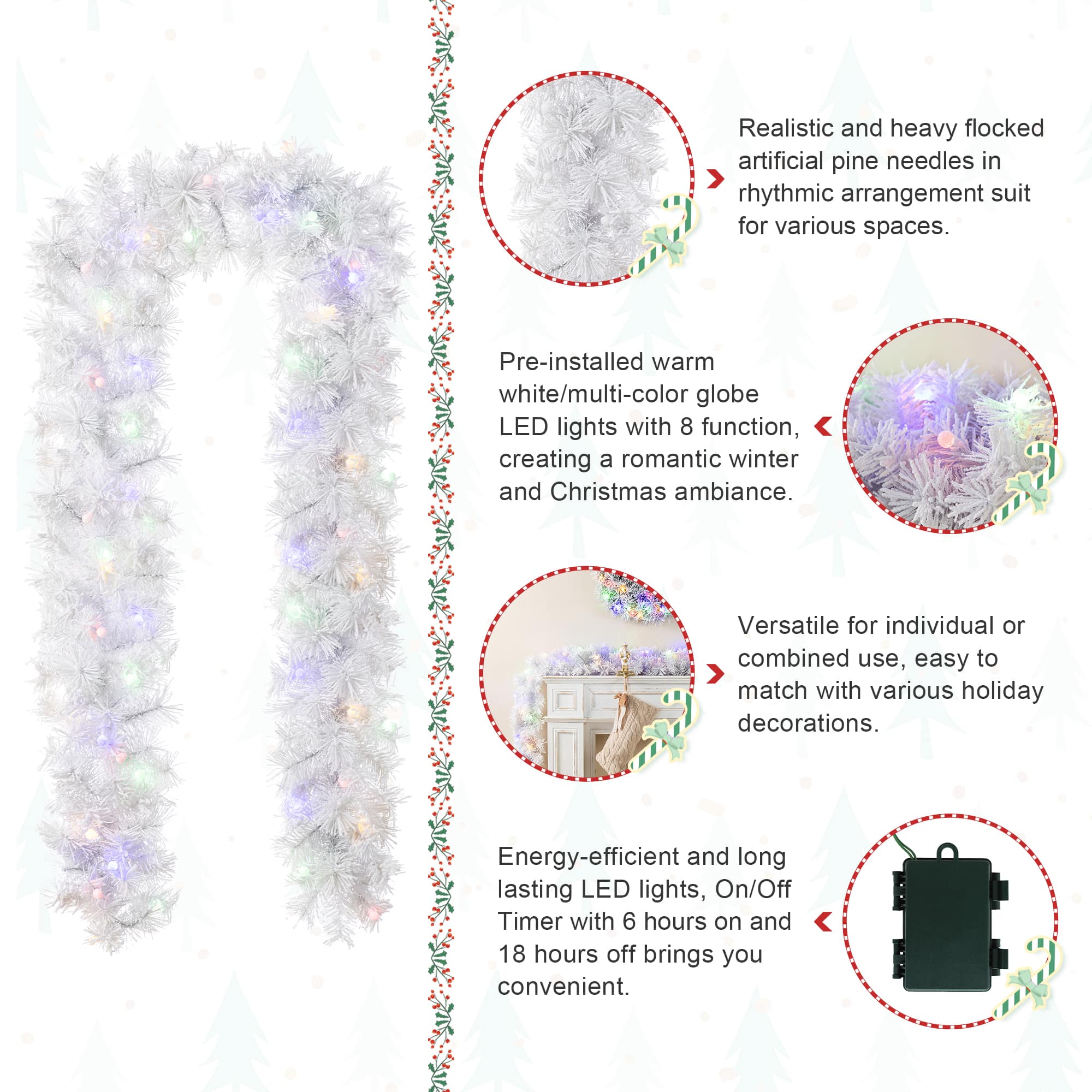 Glitzhome&#xAE; 9ft Pre-Lit Snow Flocked White Pine Christmas Garland with Timer