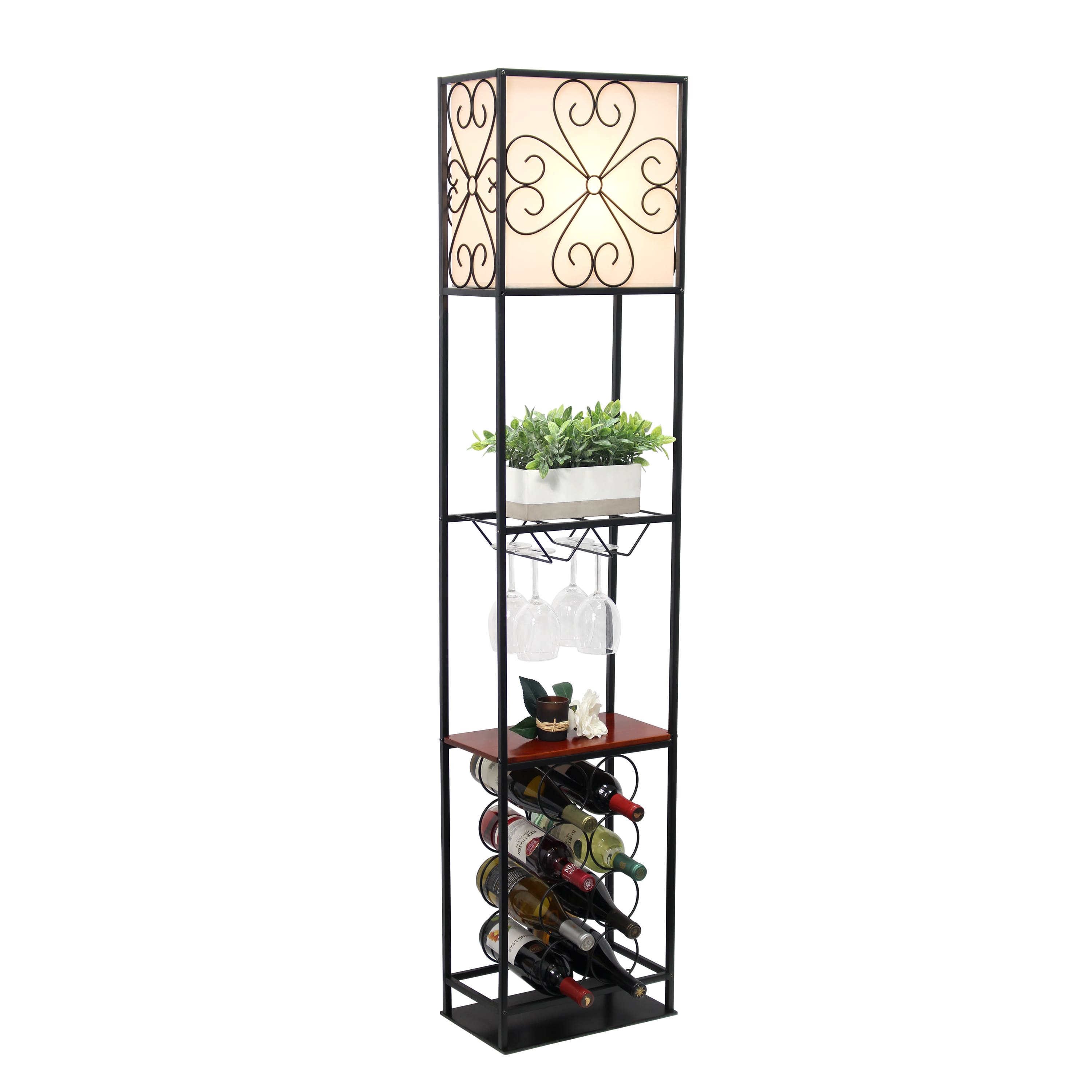 Elegant Designs™ 5ft. Black Organizer Storage Shelf and Wine Rack Floor Lamp