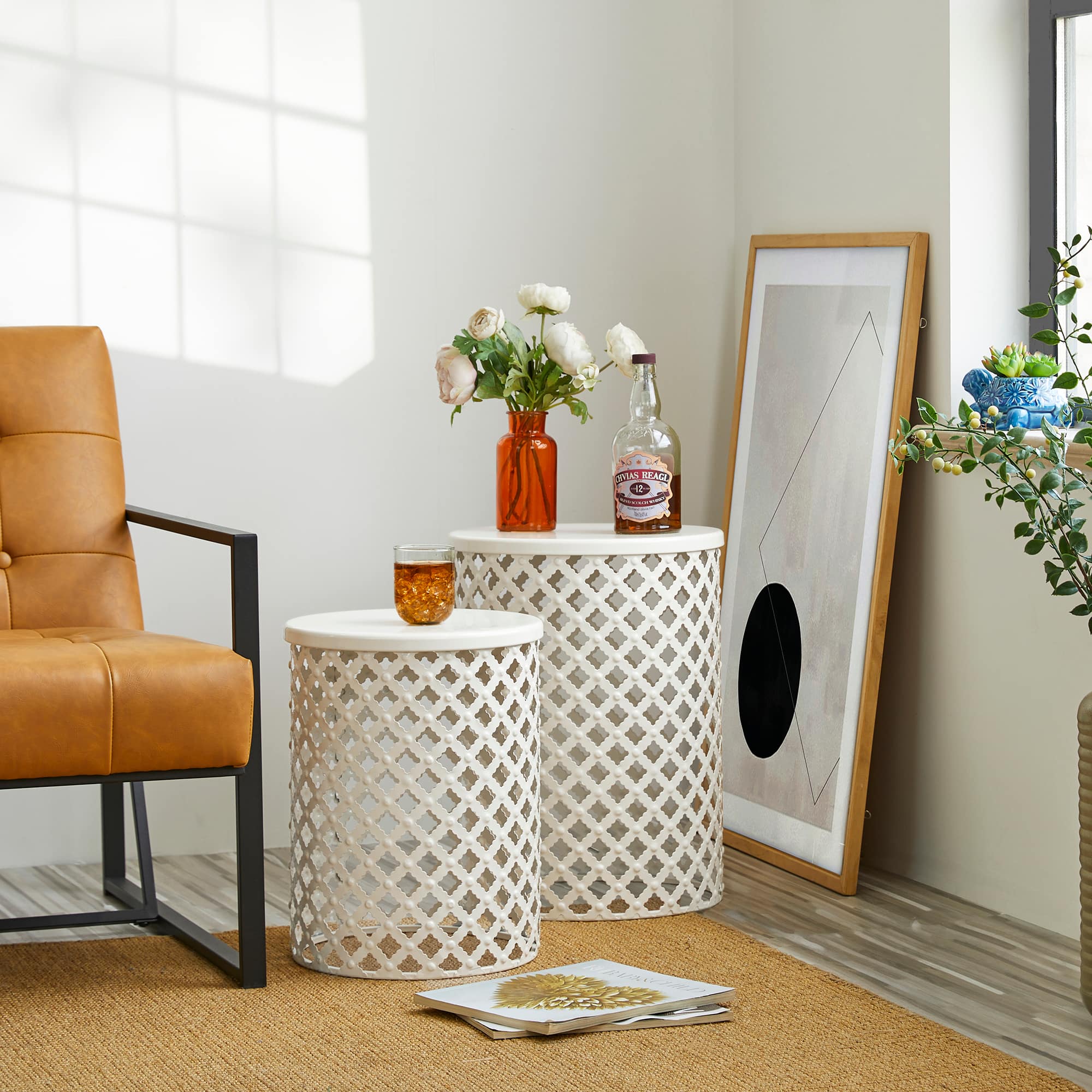 Glitzhome® Multi-Functional Metal White Garden Stool Set