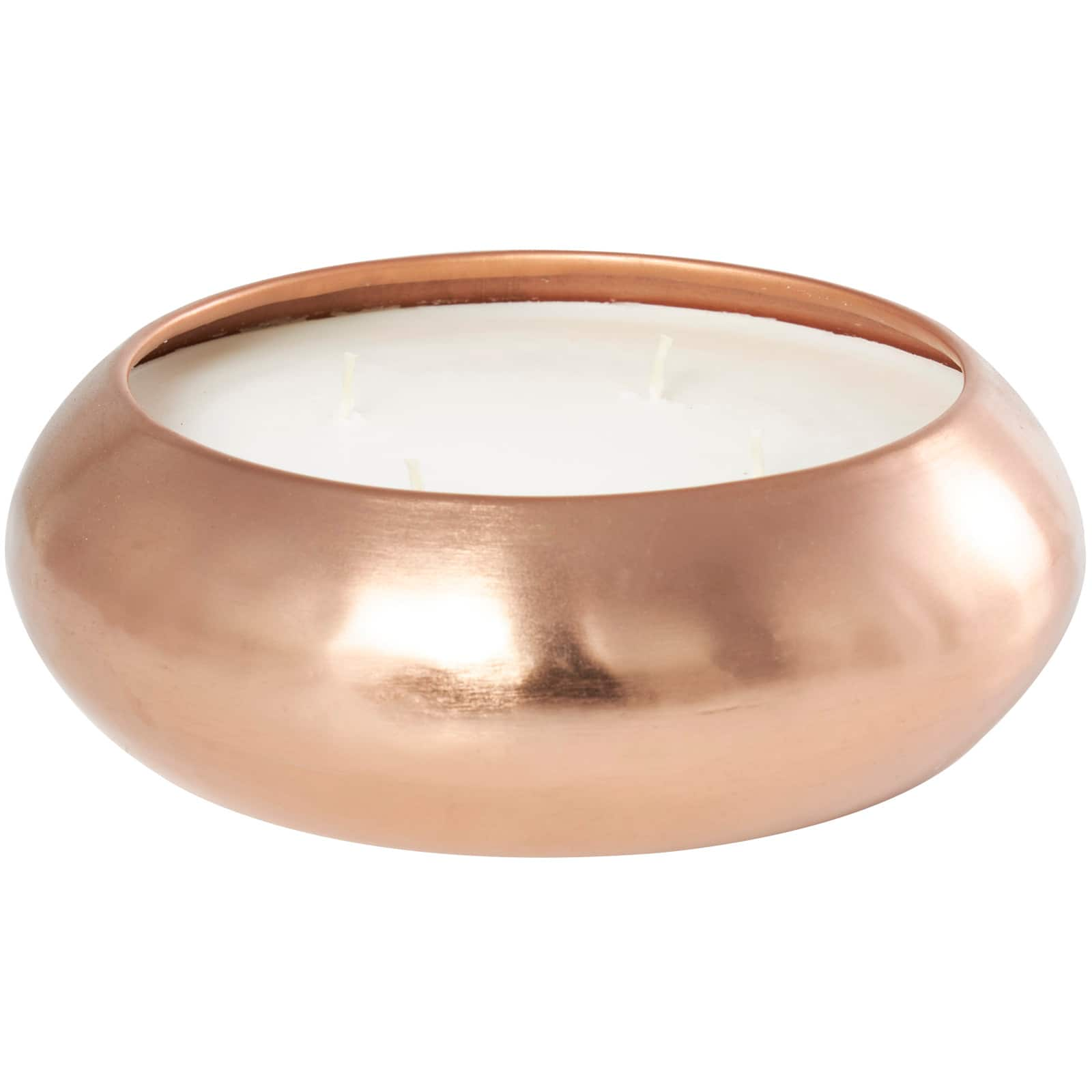 9&#x22; White 4-Wick Wax Tropical Breeze Scented Wide Dome Shaped Candle with Copper Container Bowl