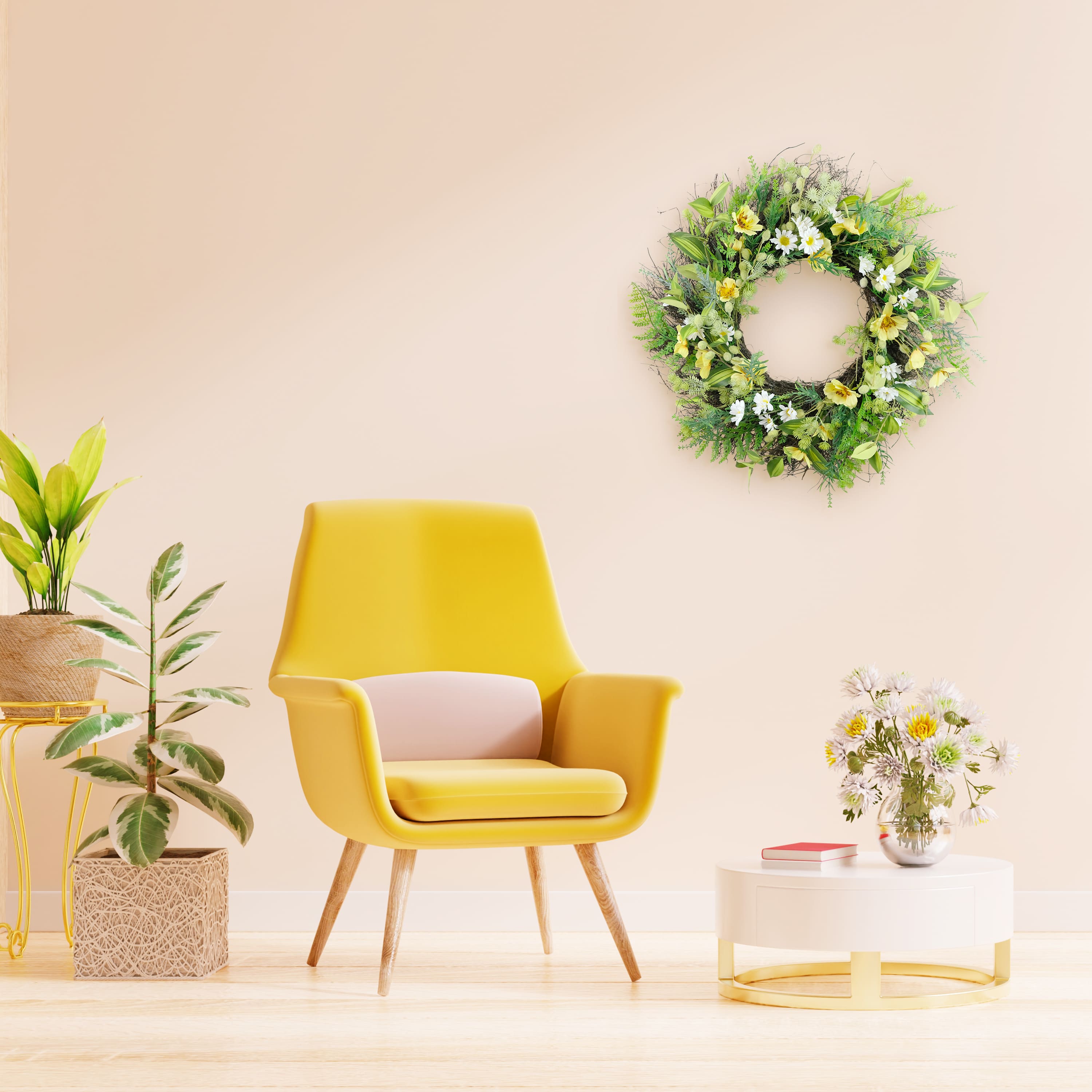 24" Yellow & White Spring Daisy & Dogwood Floral Wreath