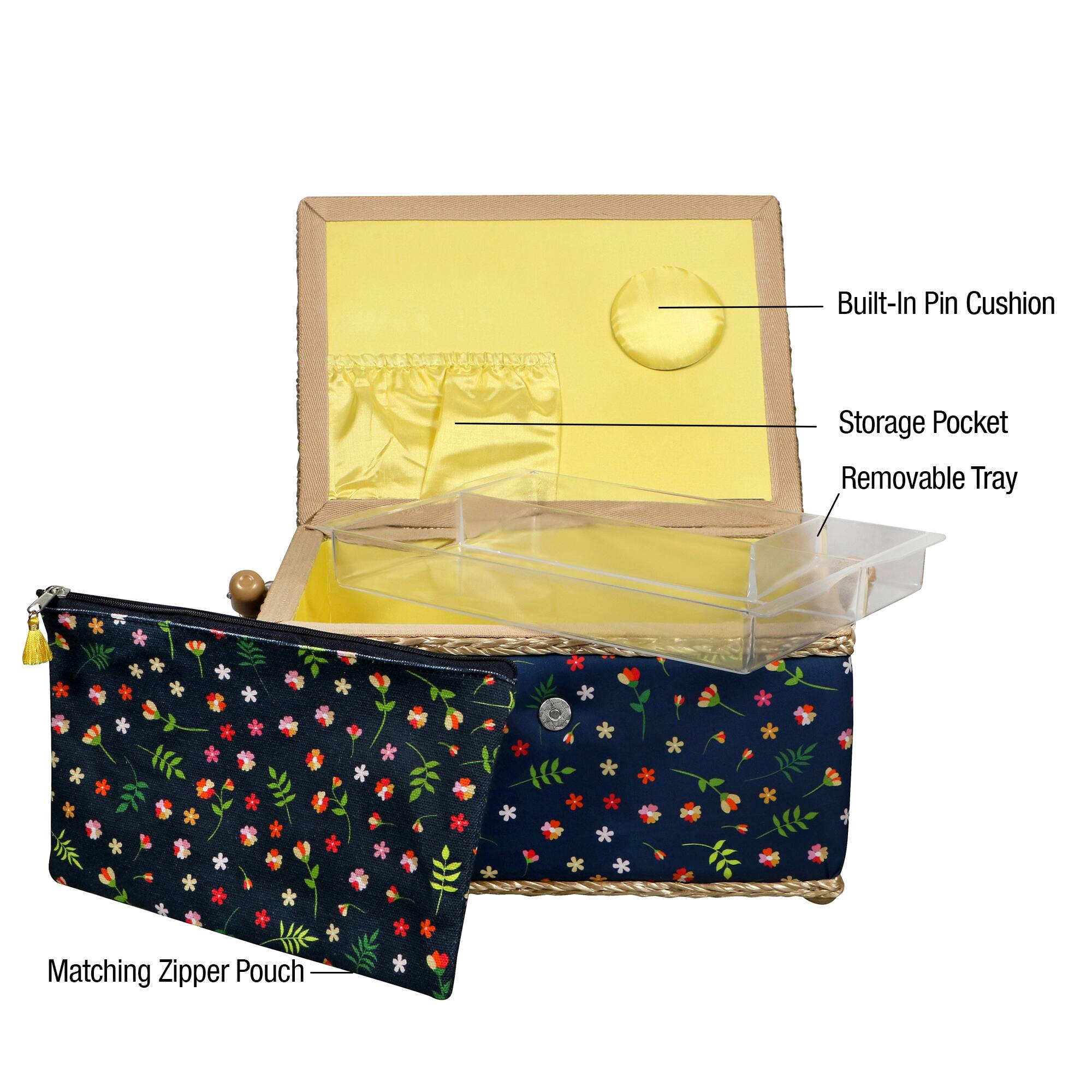 SINGER&#xAE; Ditsy Floral Print Large Sewing Basket with Matching Zipper Pouch