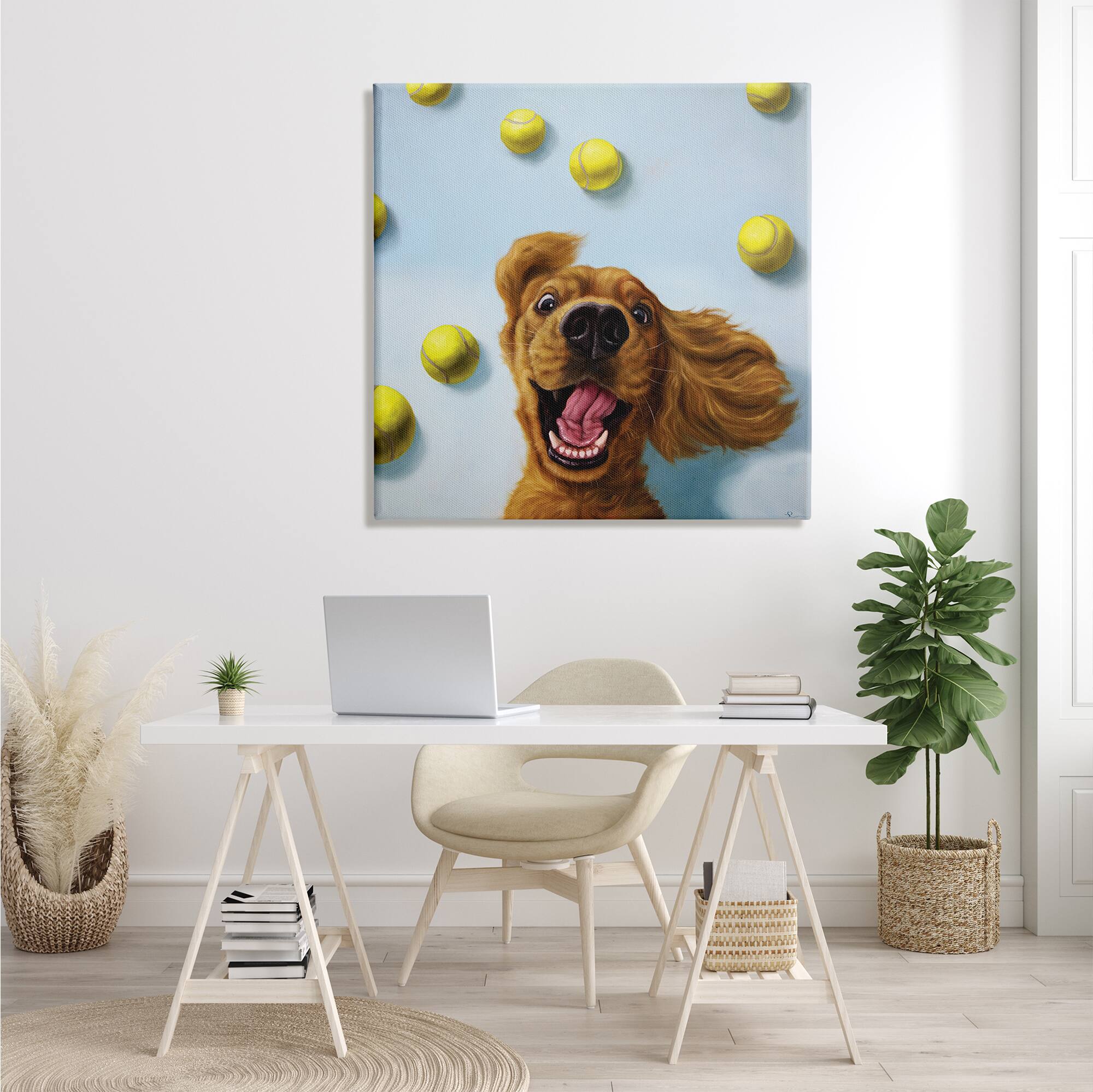 Stupell Industries Happy Smiling Pet Dog with Yellow Tennis Balls Canvas Wall Art
