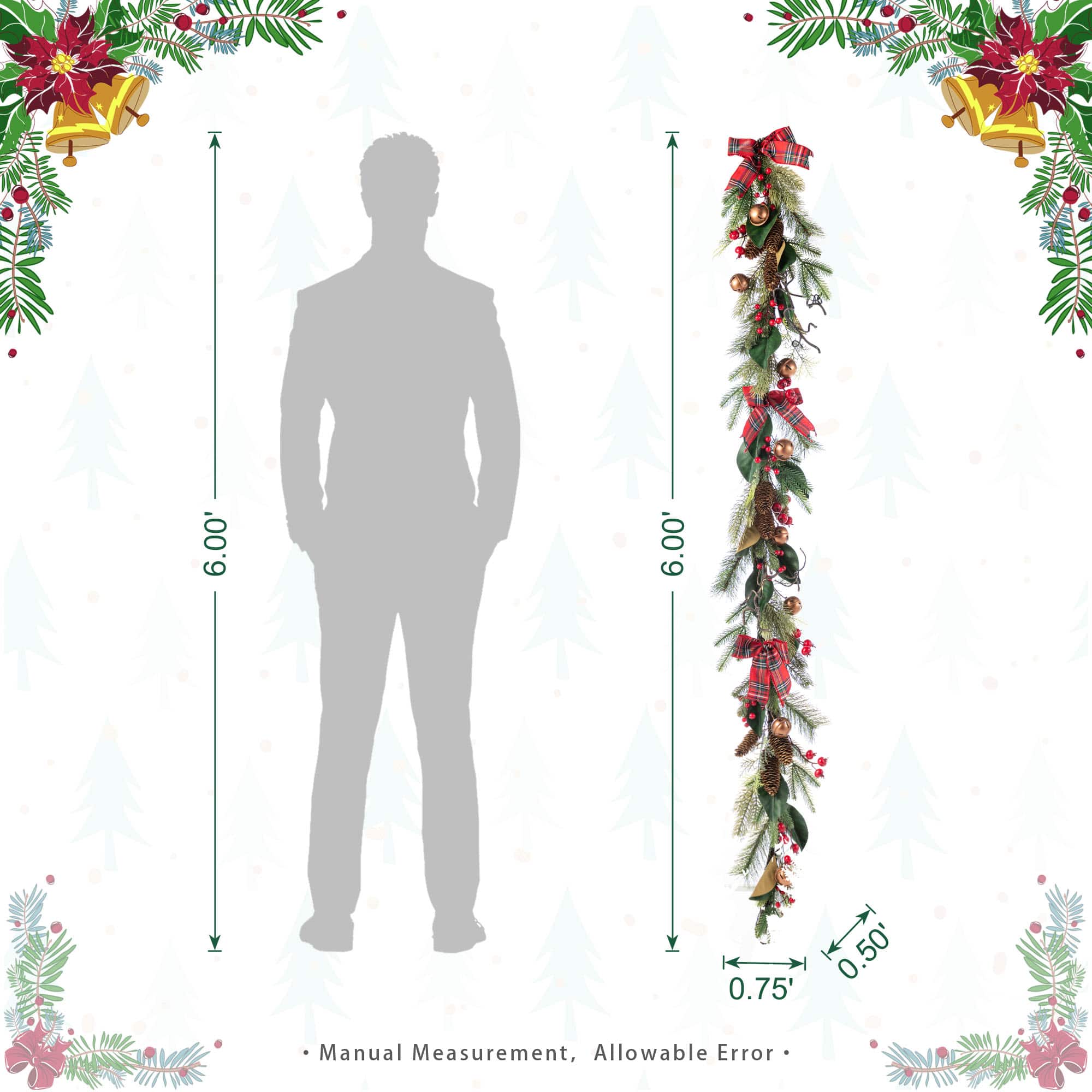 Glitzhome&#xAE; 6FT Christmas Bell, Pinecone &#x26; Berry Bow Garland