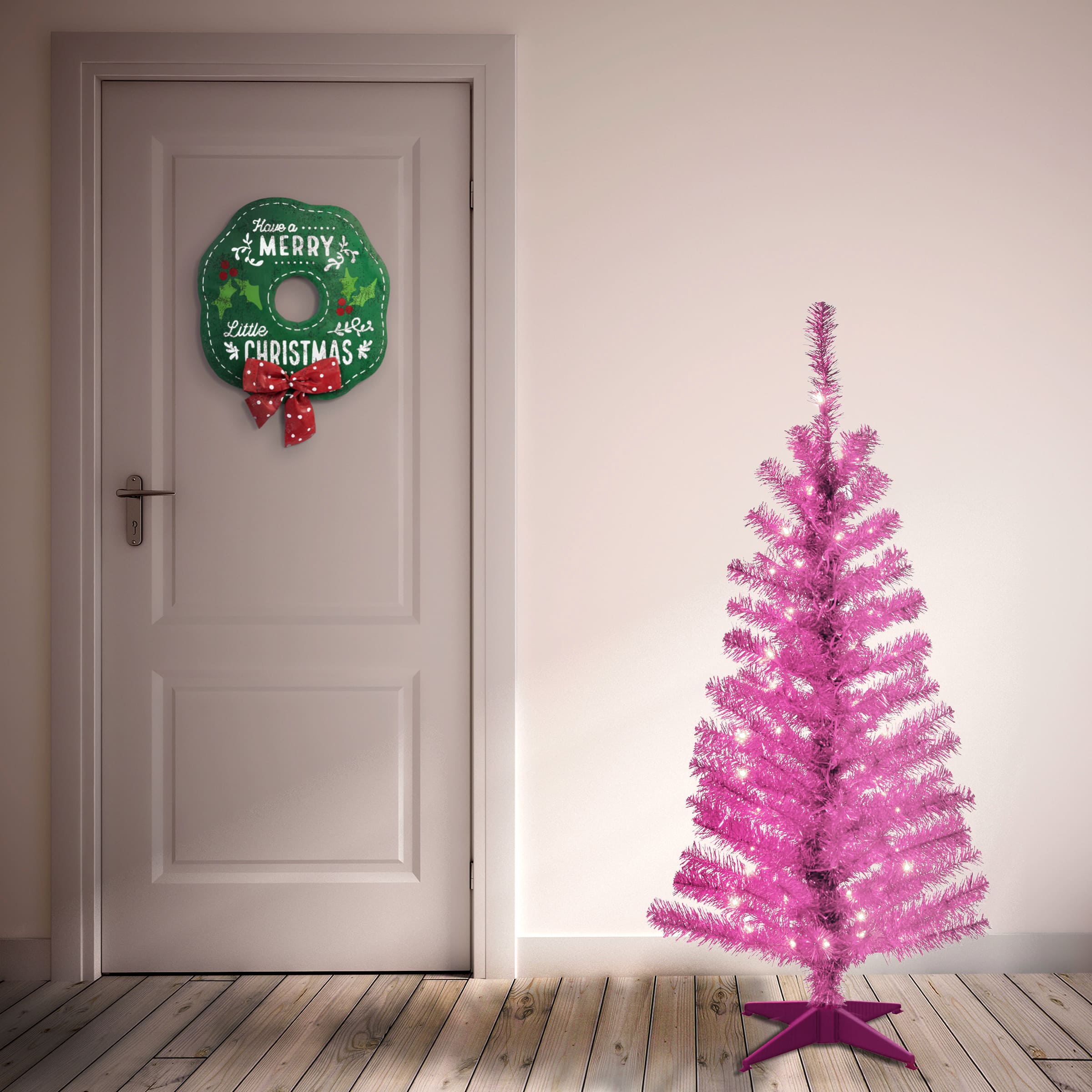 4ft. Pre-Lit Pink Tinsel Artificial Christmas Tree, Clear Lights