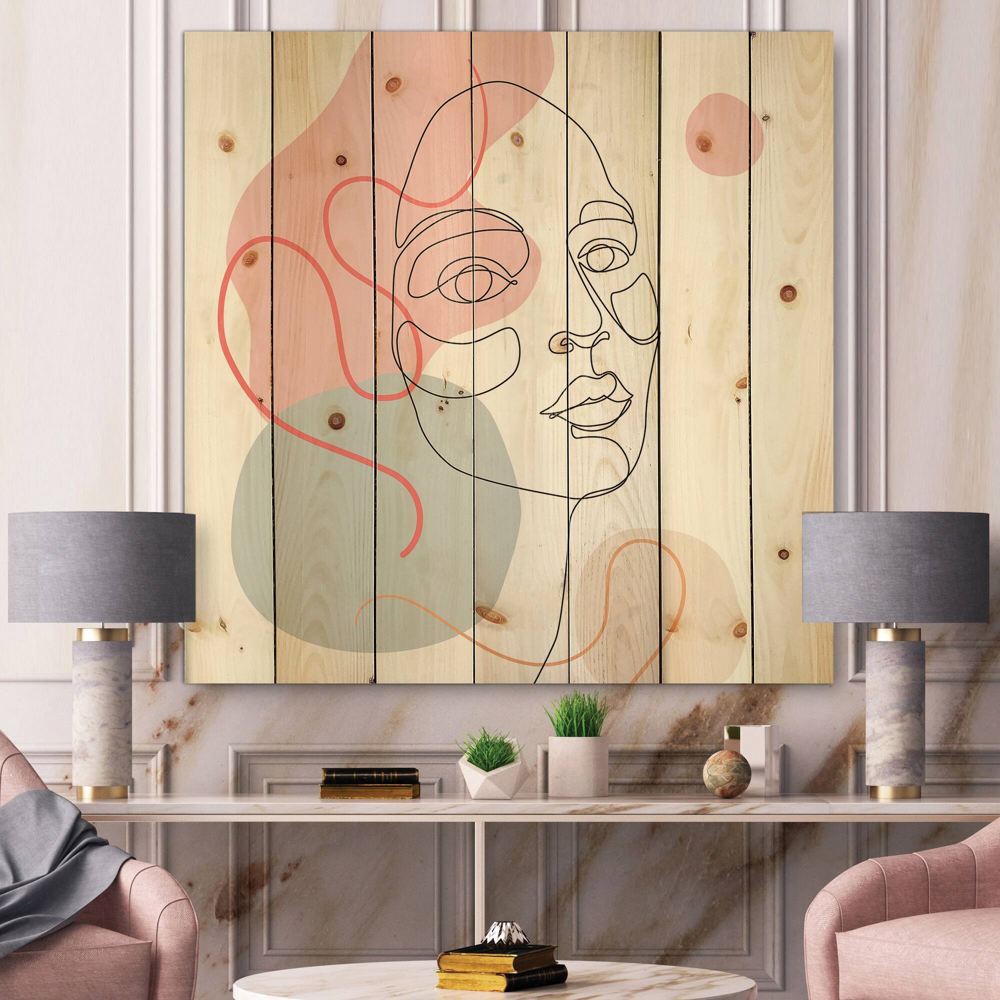 Designart - One Line Drawing of Young Woman In Pastel Tones - Modern Print on Natural Pine Wood